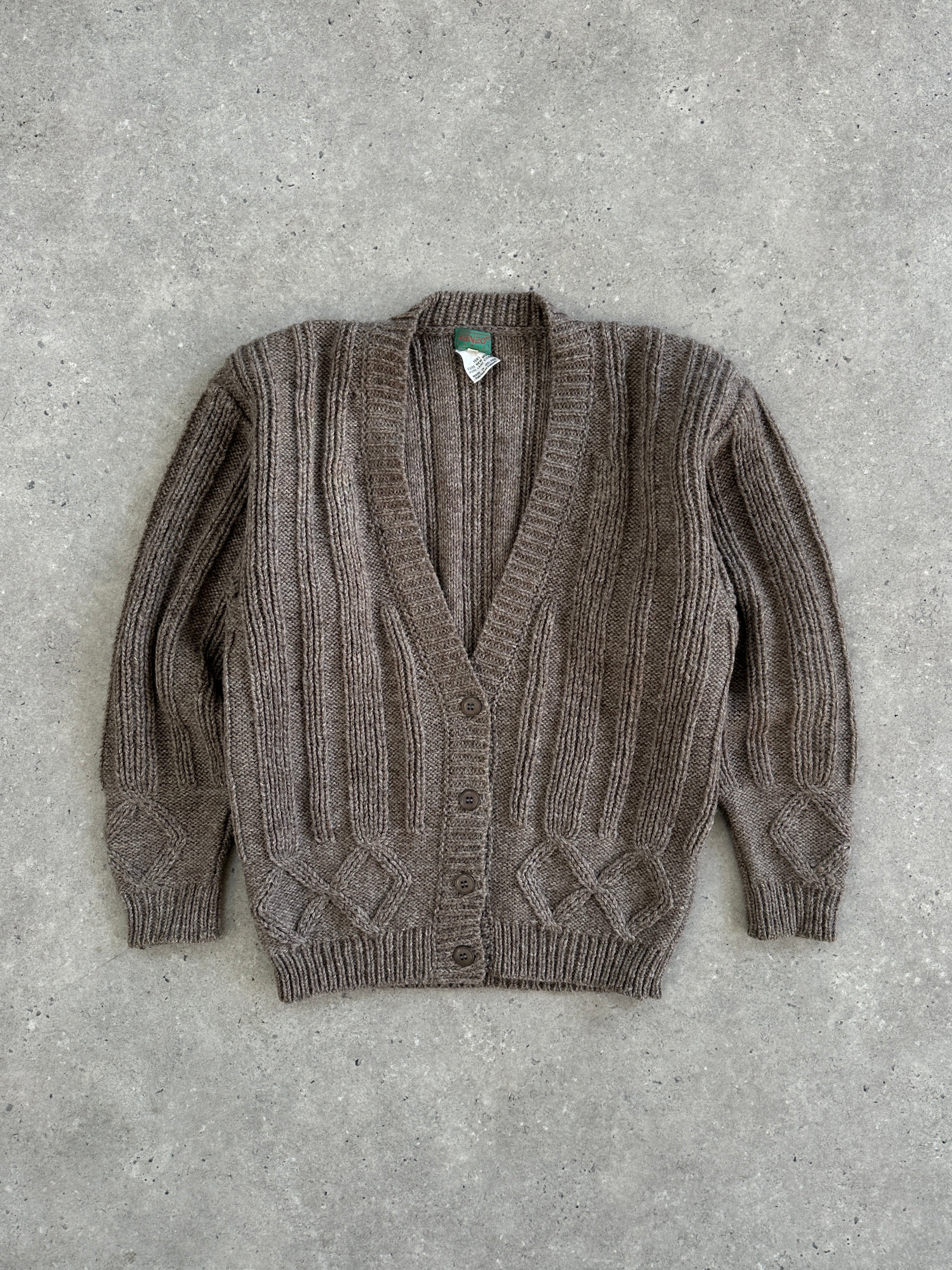 Kenzo pure wool chunky cable knit cardigan in beige, featuring thick knit pattern and cozy fit, size S/M