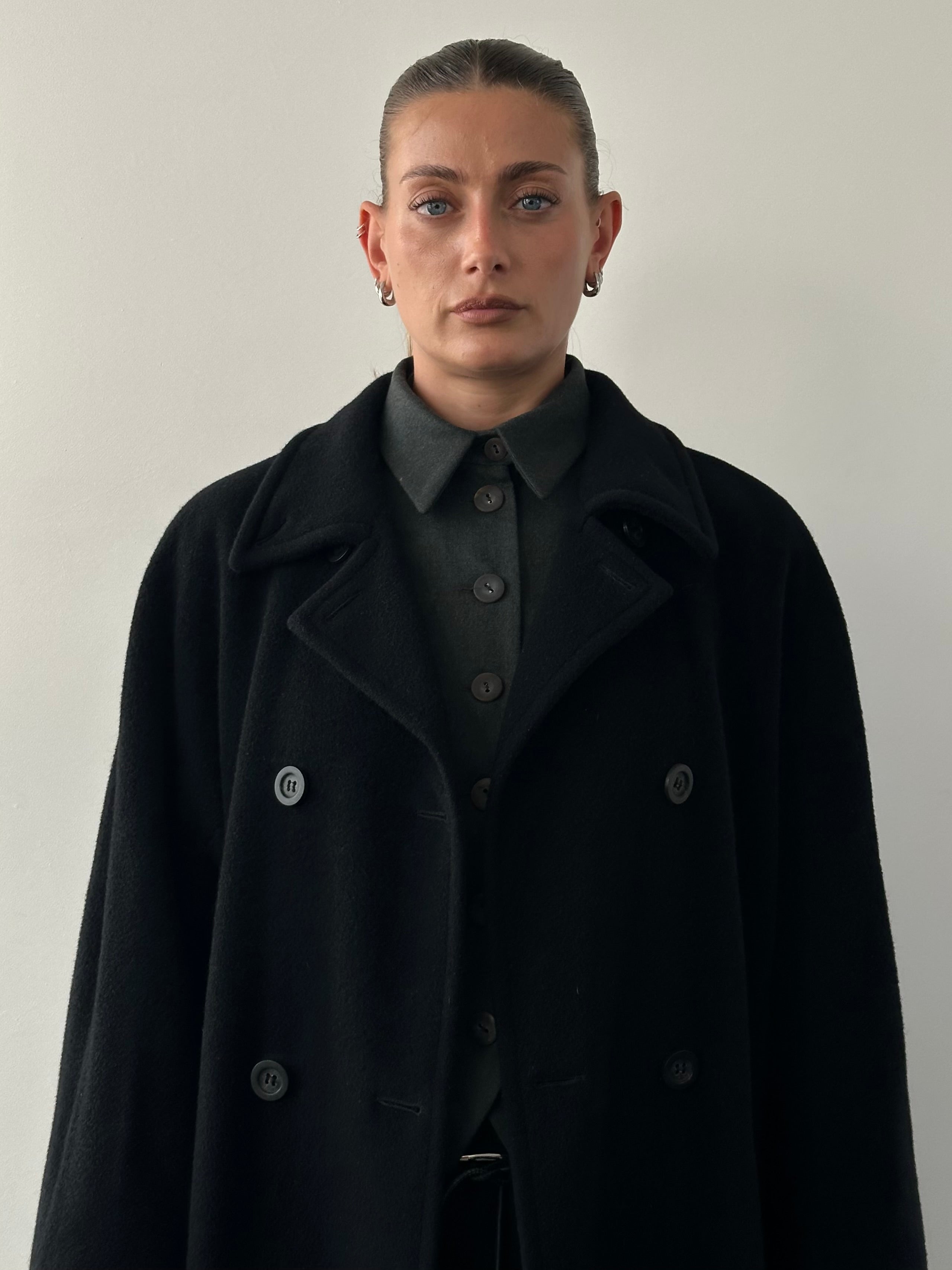 Marella Virgin Wool Cashmere Double Breasted Coat in XL, featuring a classic design and tailored fit, displayed on a hanger.