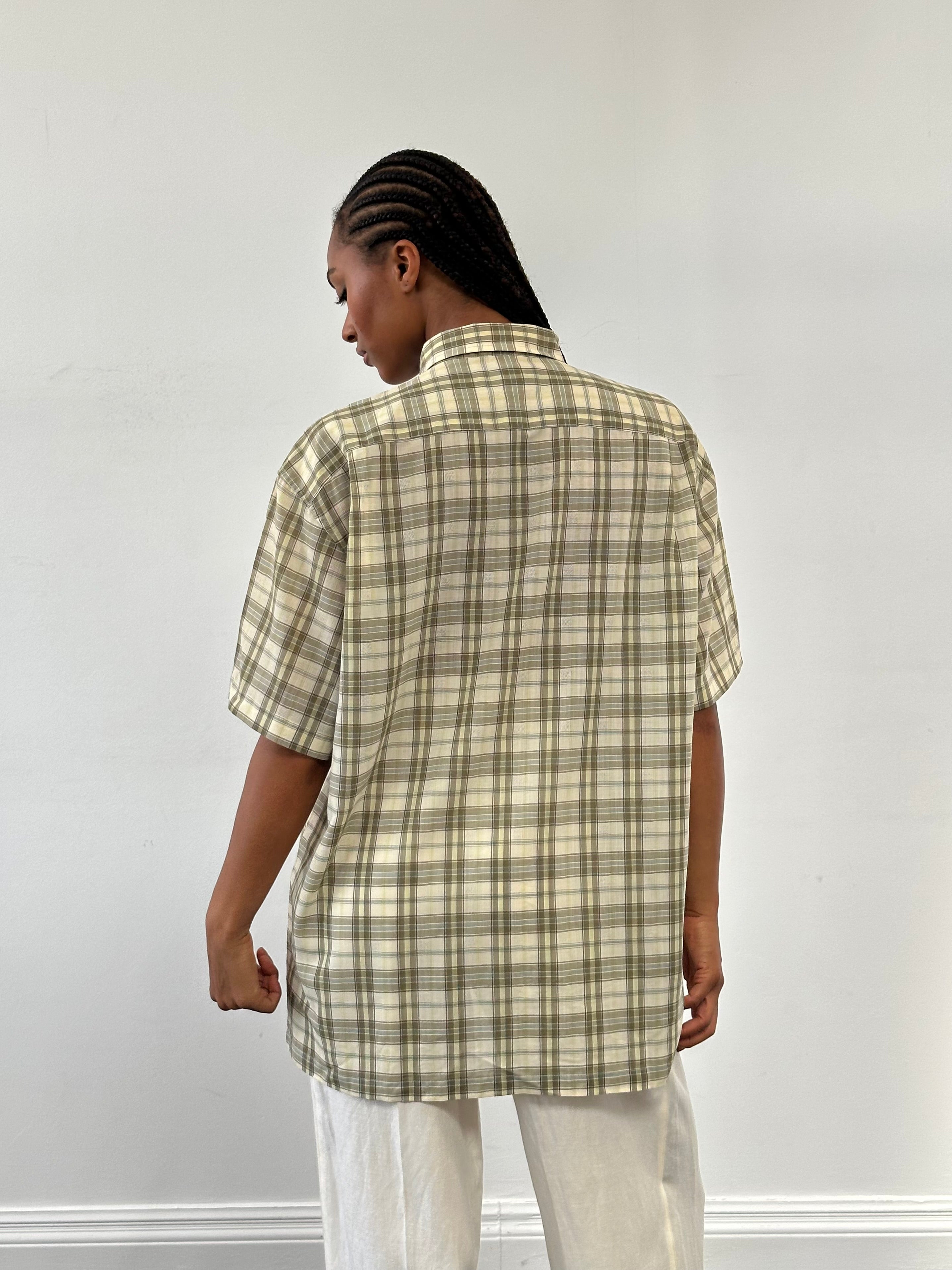 Yves Saint Laurent Pour Homme cotton check short sleeve logo shirt in XL, featuring a classic plaid pattern and button-down collar.