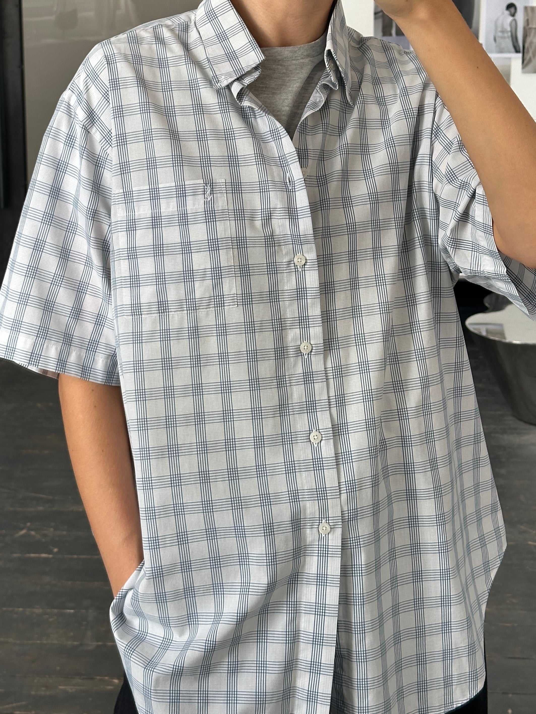 Yves Saint Laurent Pour Homme check cotton short sleeve logo shirt in XL, featuring a classic checkered pattern and logo embroidery.