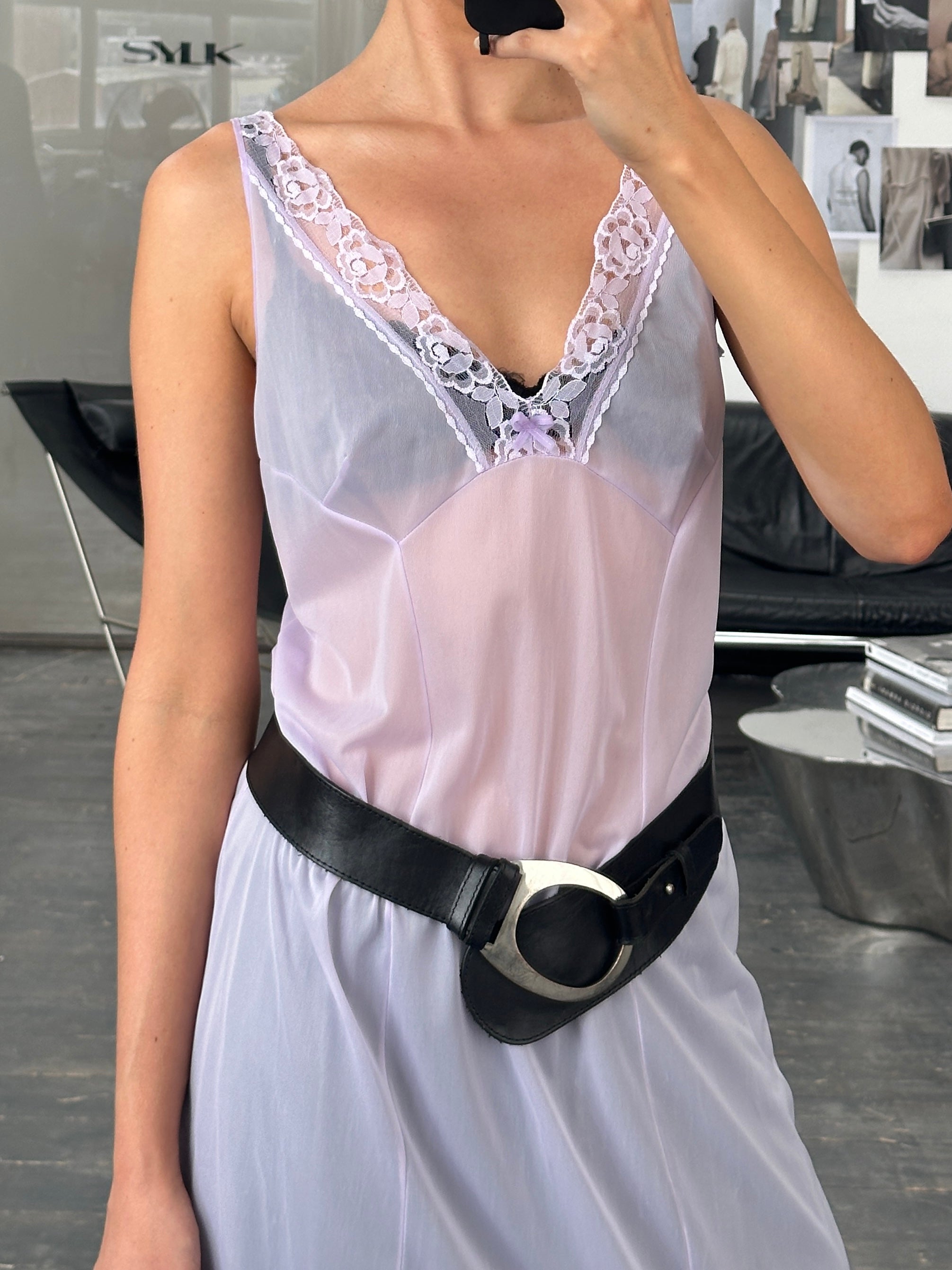 Vintage 2000s lace sheer midi slip dress in size large, featuring delicate floral lace and a classic vintage style.