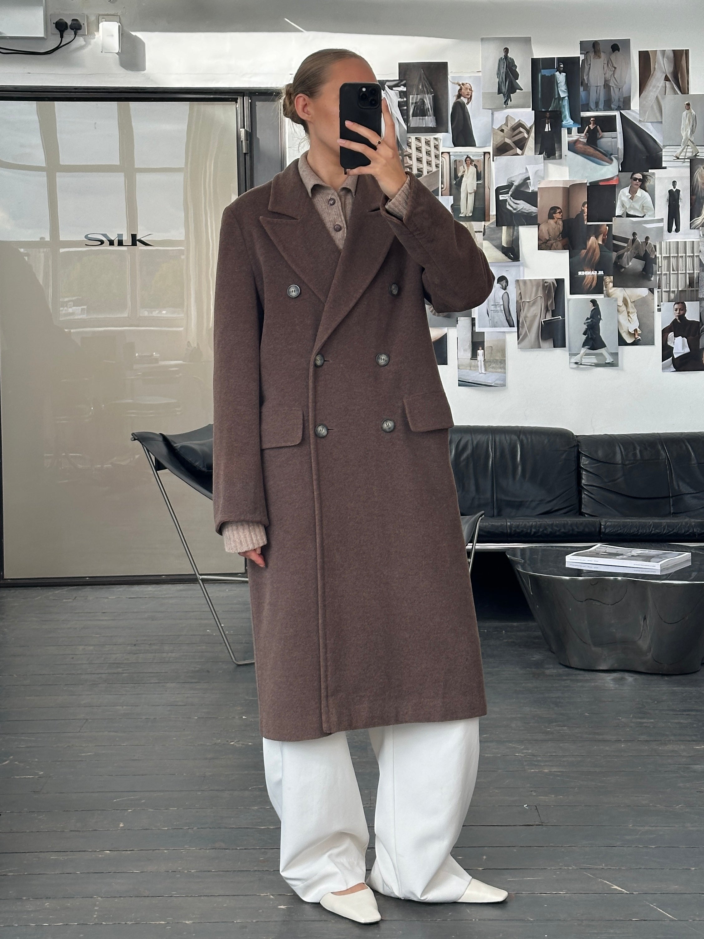 Sportmax 1990s wool double-breasted coat in size M/L, stylish vintage outerwear with classic design and tailored fit.