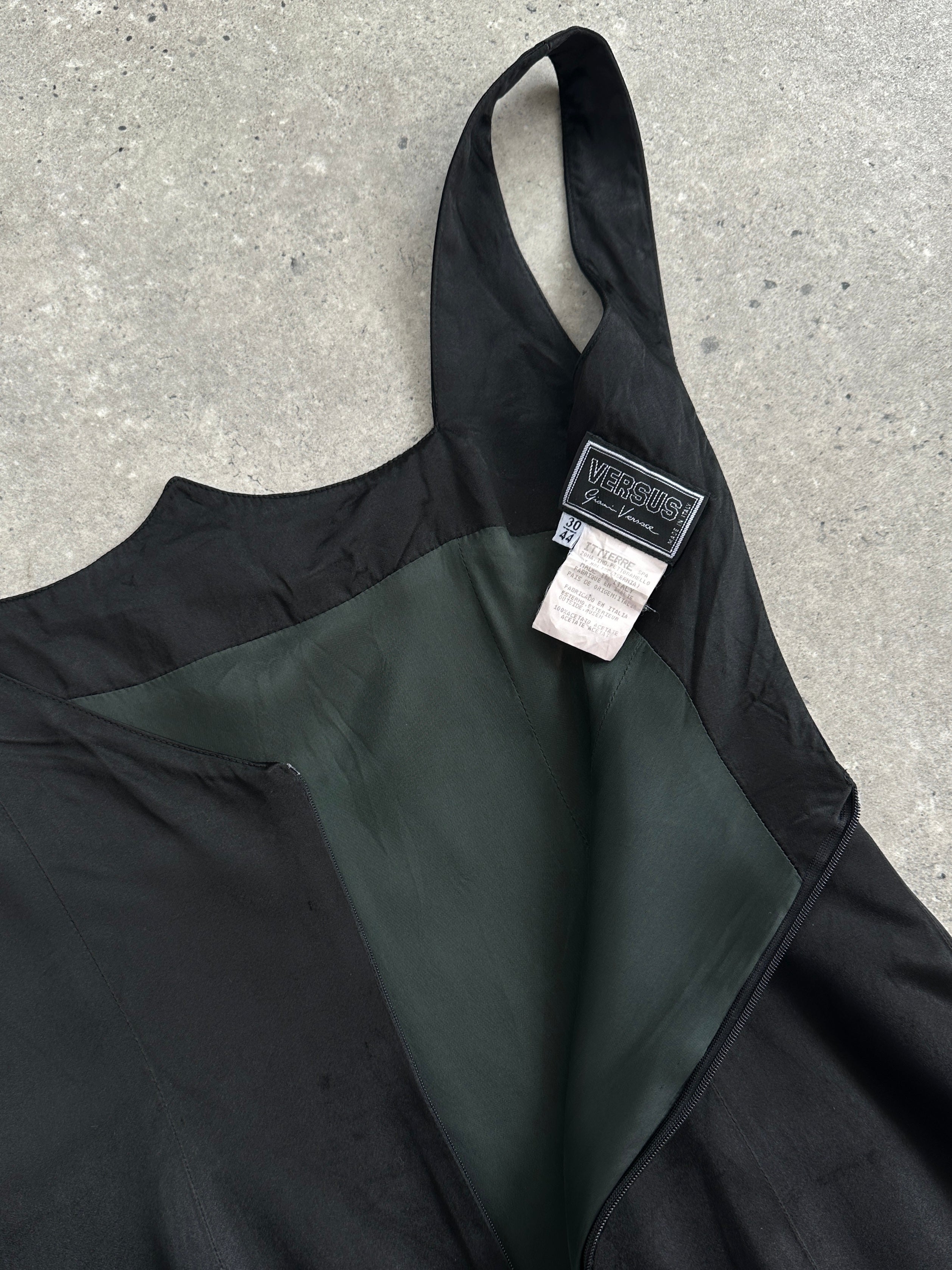 Elegant Versace Versus satin fitted dress in size S, featuring a sleek design and luxurious fabric.