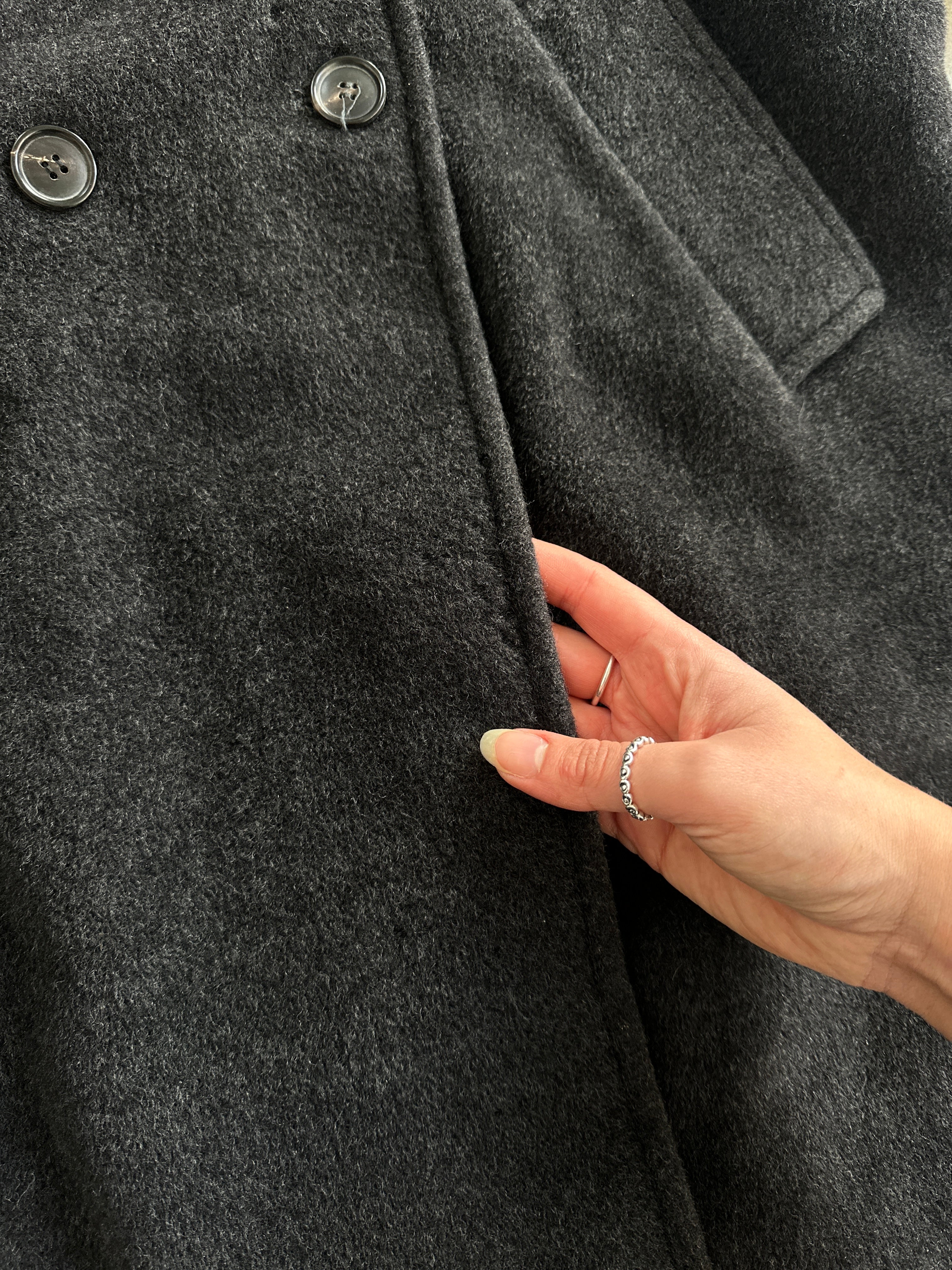 Marella wool cashmere double-breasted floor-length coat in XL with classic design and tailored fit, shown hanging on a hanger.