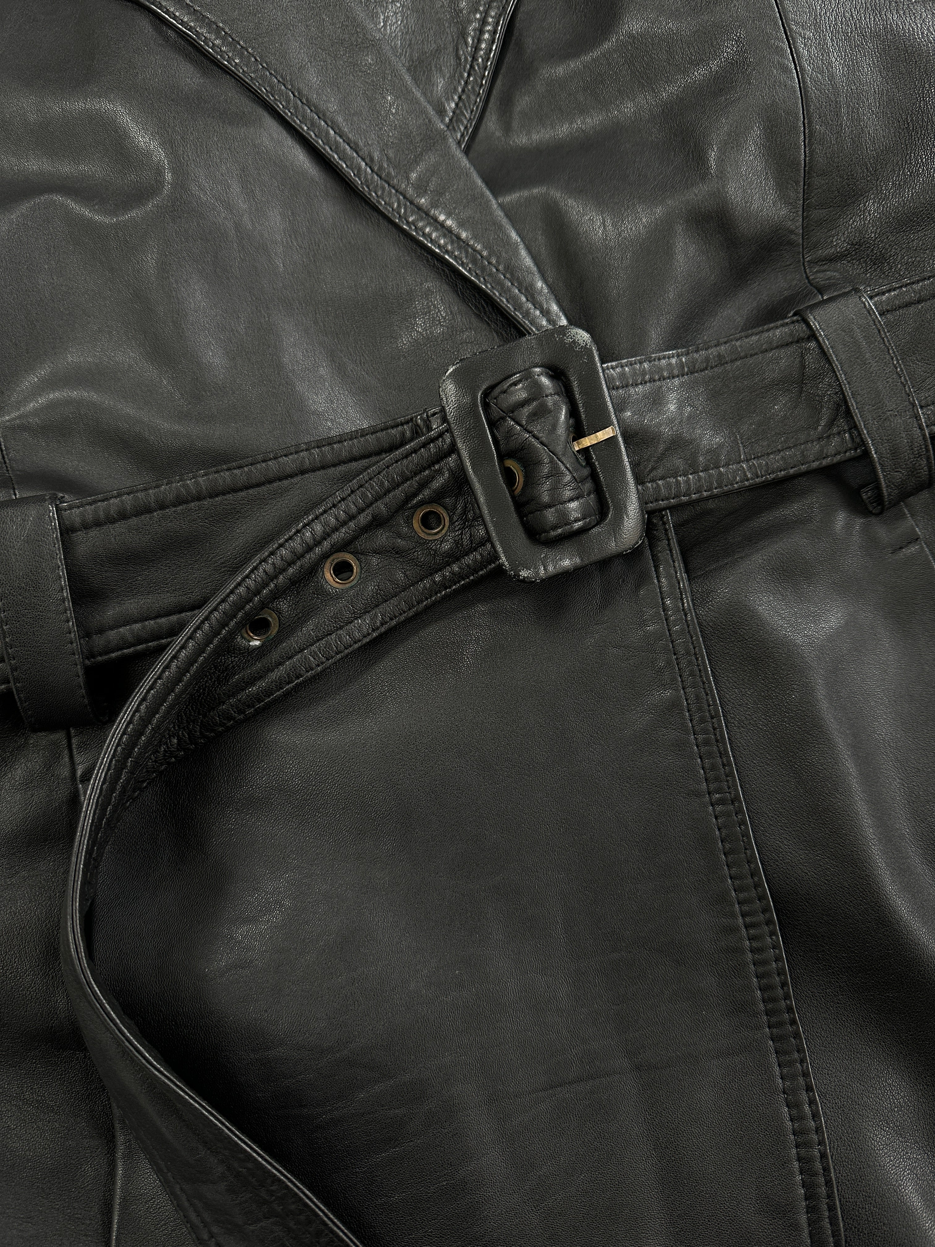 Vintage 90s belted leather jacket in size large, featuring classic design and visible leather texture, by Vintage brand.