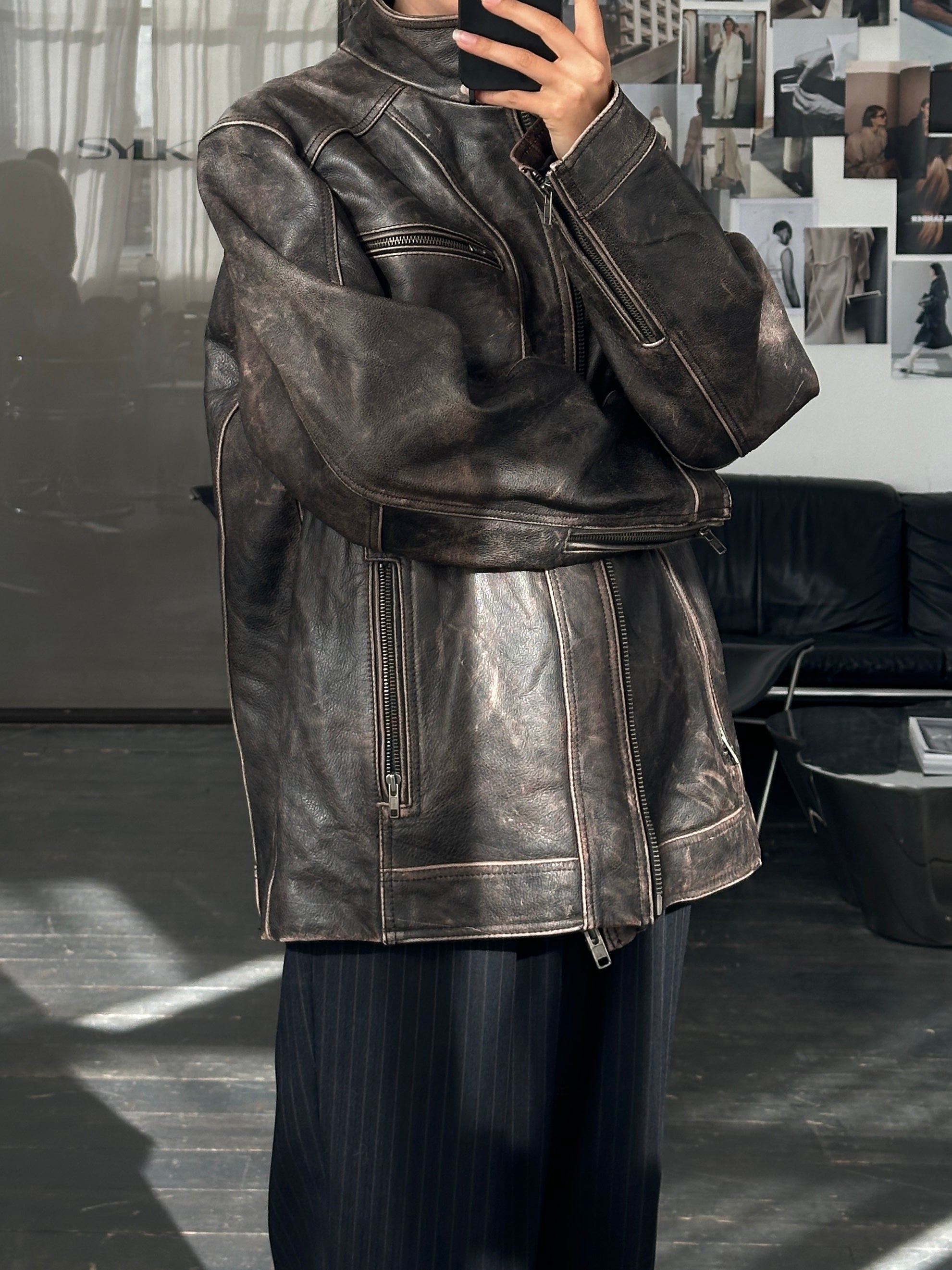 ひ*様 2000s archive HAUTE leather jacket w Vintage 2000s Distressed High Neck Leather Jacket - XL | SYLK