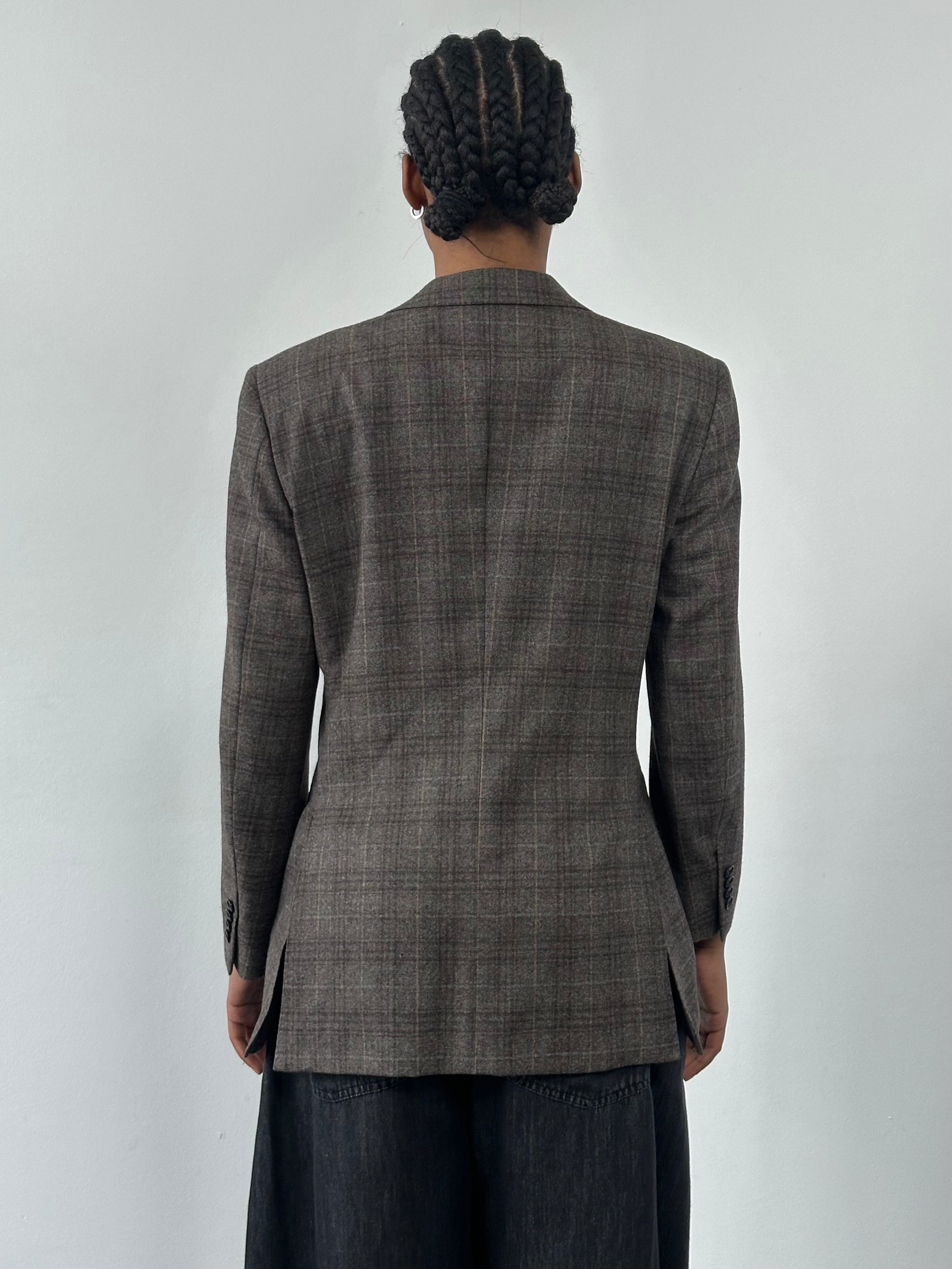 Loro Piana Le Chic 1990s pure wool check blazer in size 36R/S, tailored fit with classic pattern and structured collar.
