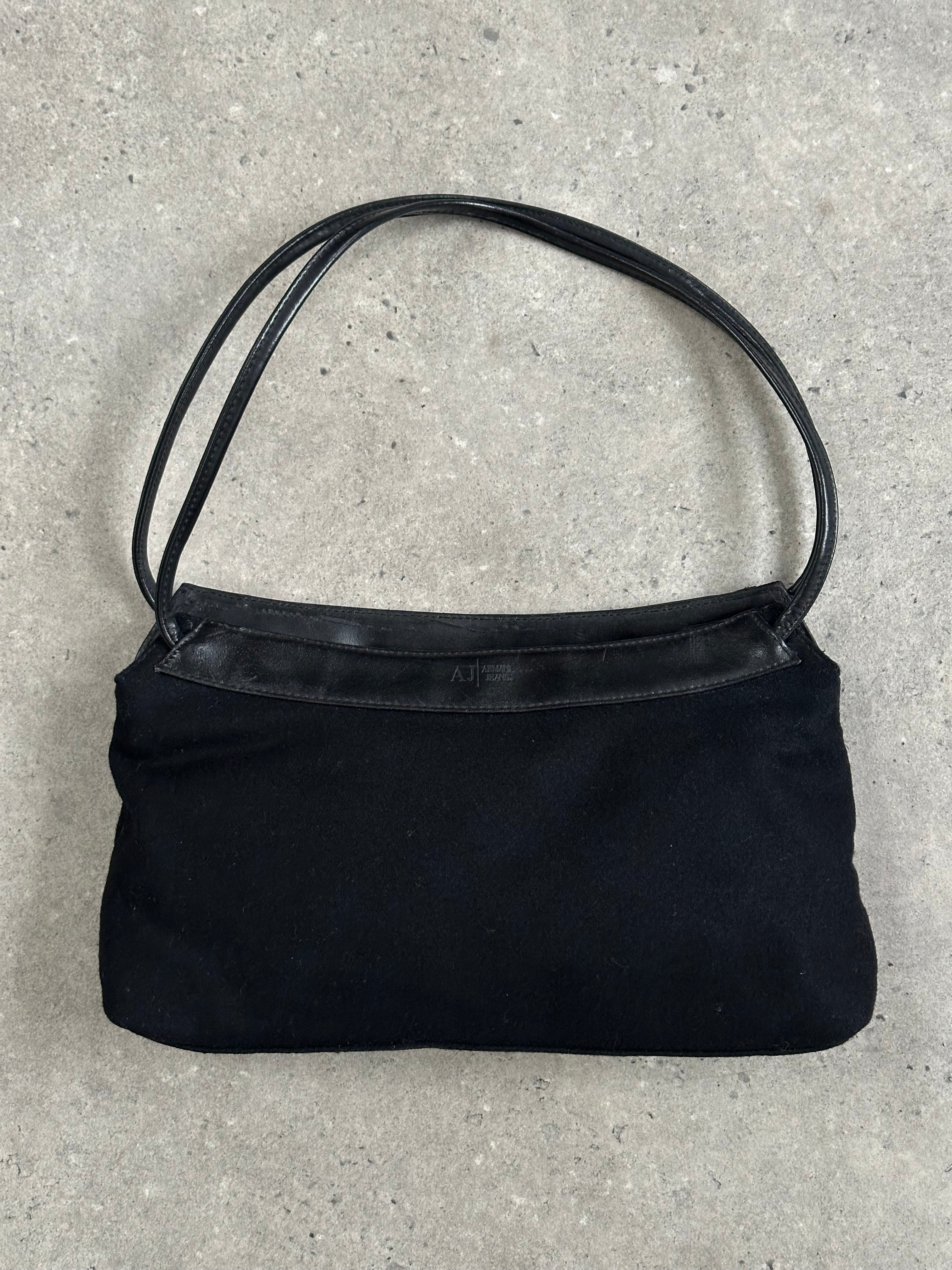 Armani Jeans 2000s wool shoulder bag with structured design and neutral color, featuring leather accents and adjustable strap.