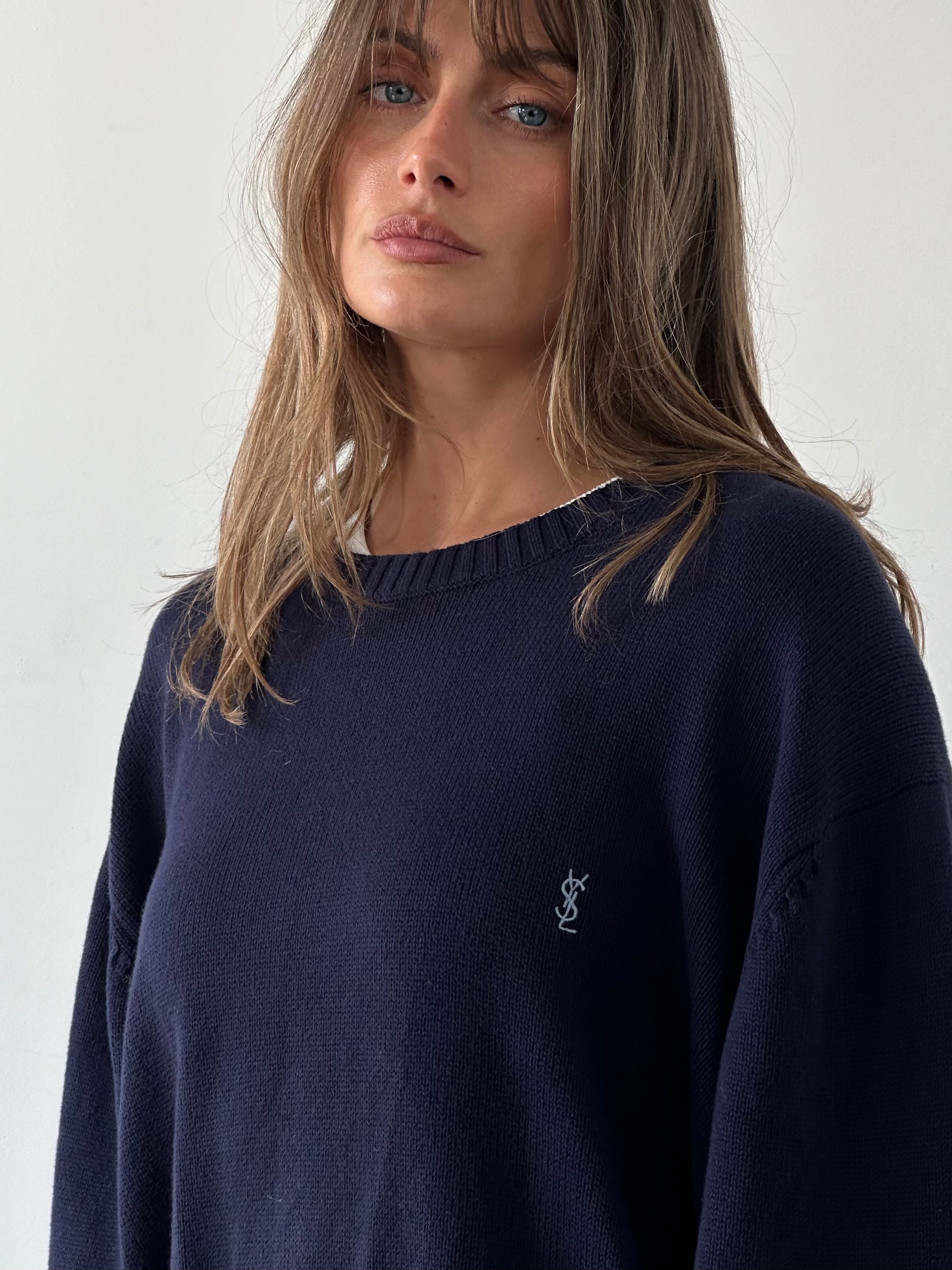 Yves Saint Laurent Pour Homme XXL cotton knitted logo jumper, front view showing the YSL logo on the chest.