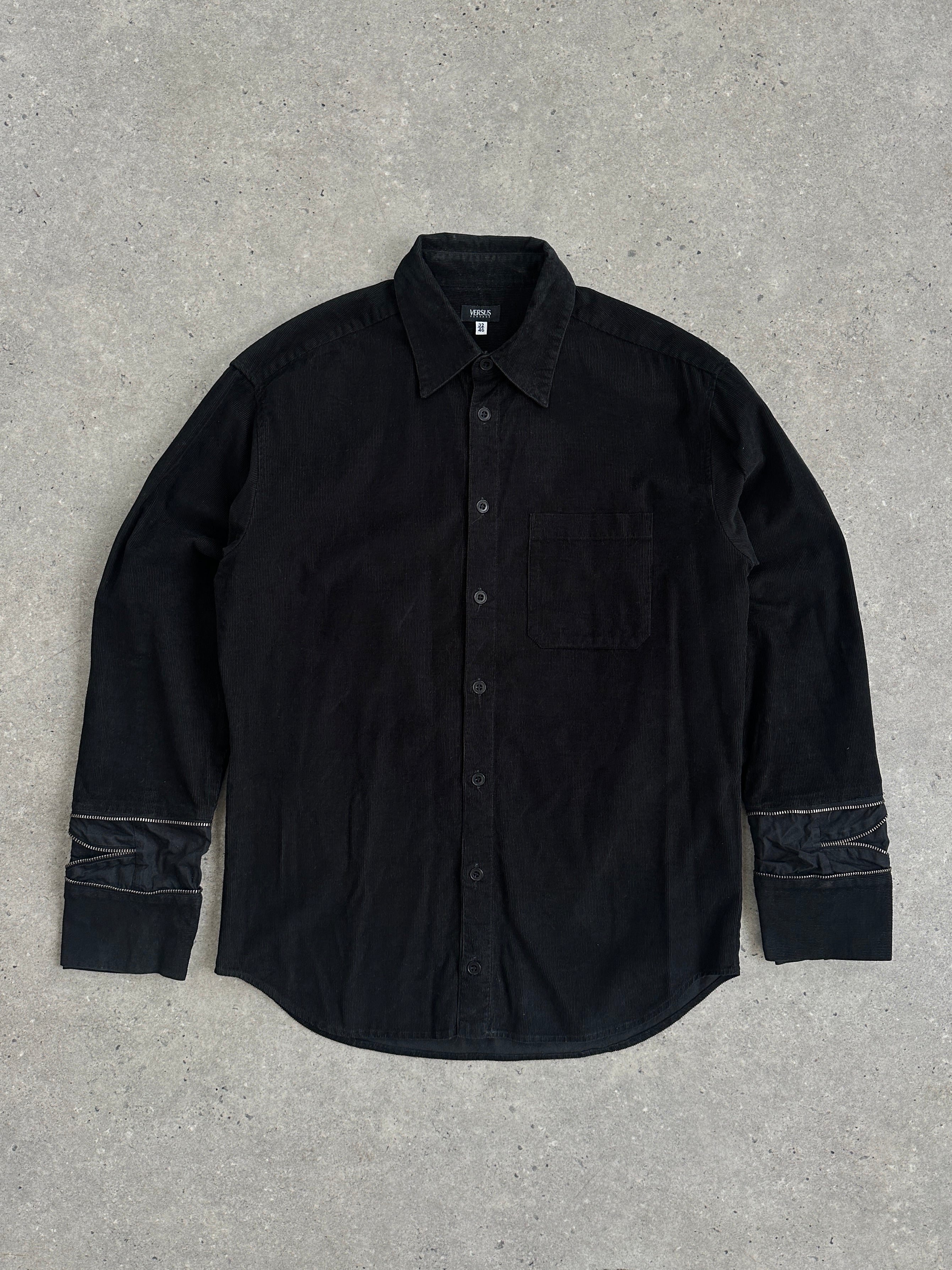 Versace Versus 00s corduroy zip shirt in size S, featuring a stylish button-up design with a high collar and bold branding.