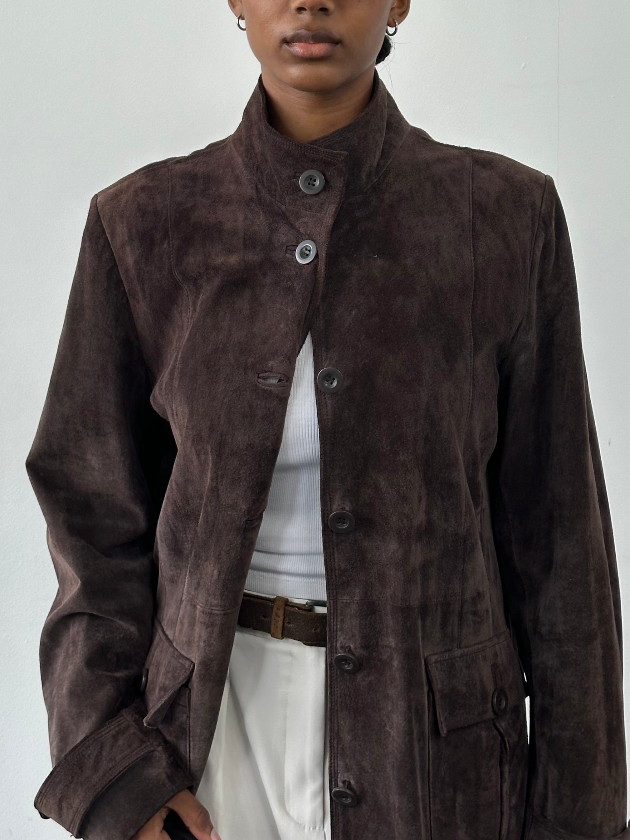 Vintage 1990s suede trench coat in size large, stylish leather jacket with classic design and vintage appeal.