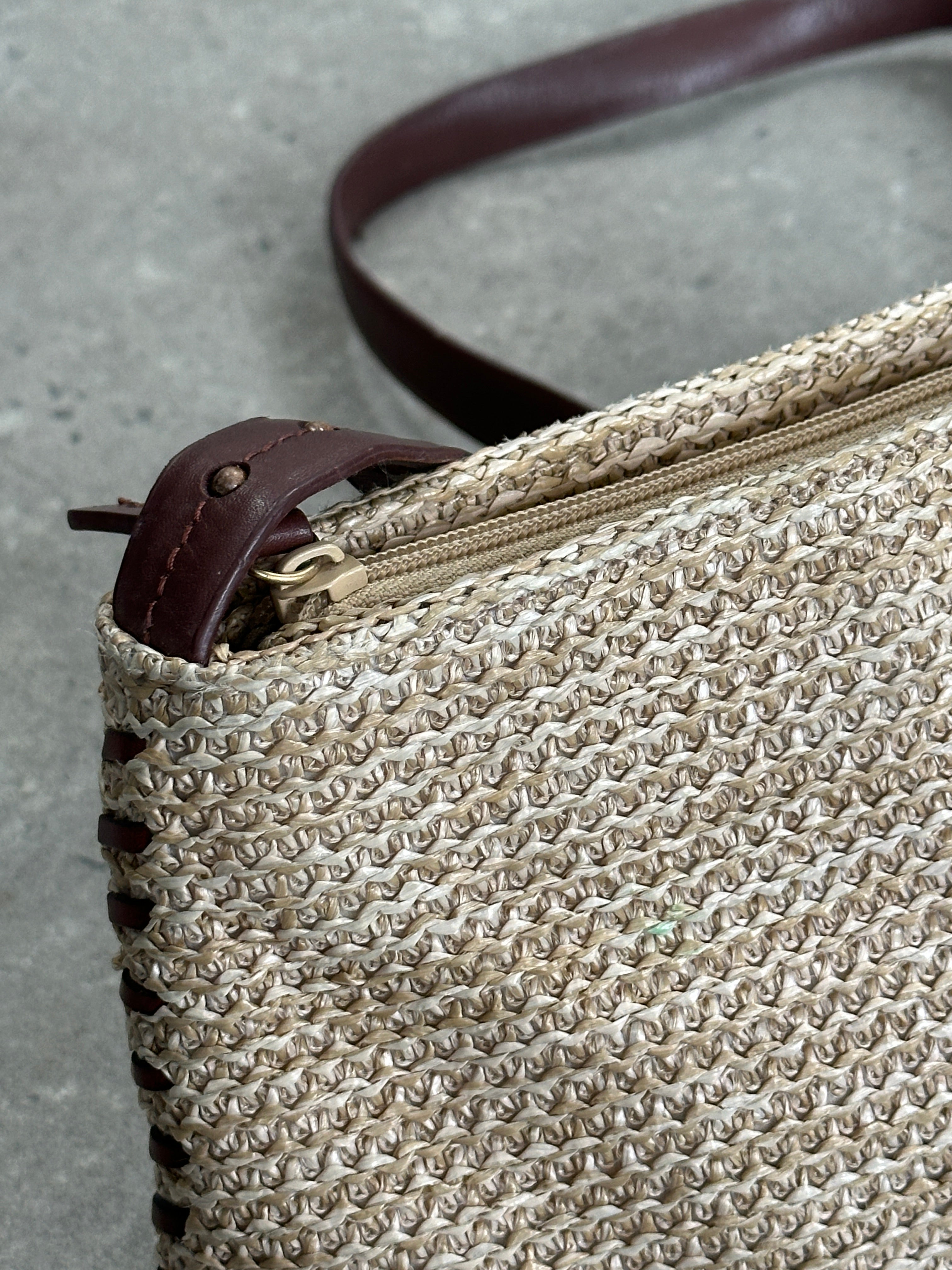 Vintage Raffia Crossbody Bag, woven straw design with adjustable strap, stylish and lightweight accessory for daily use.