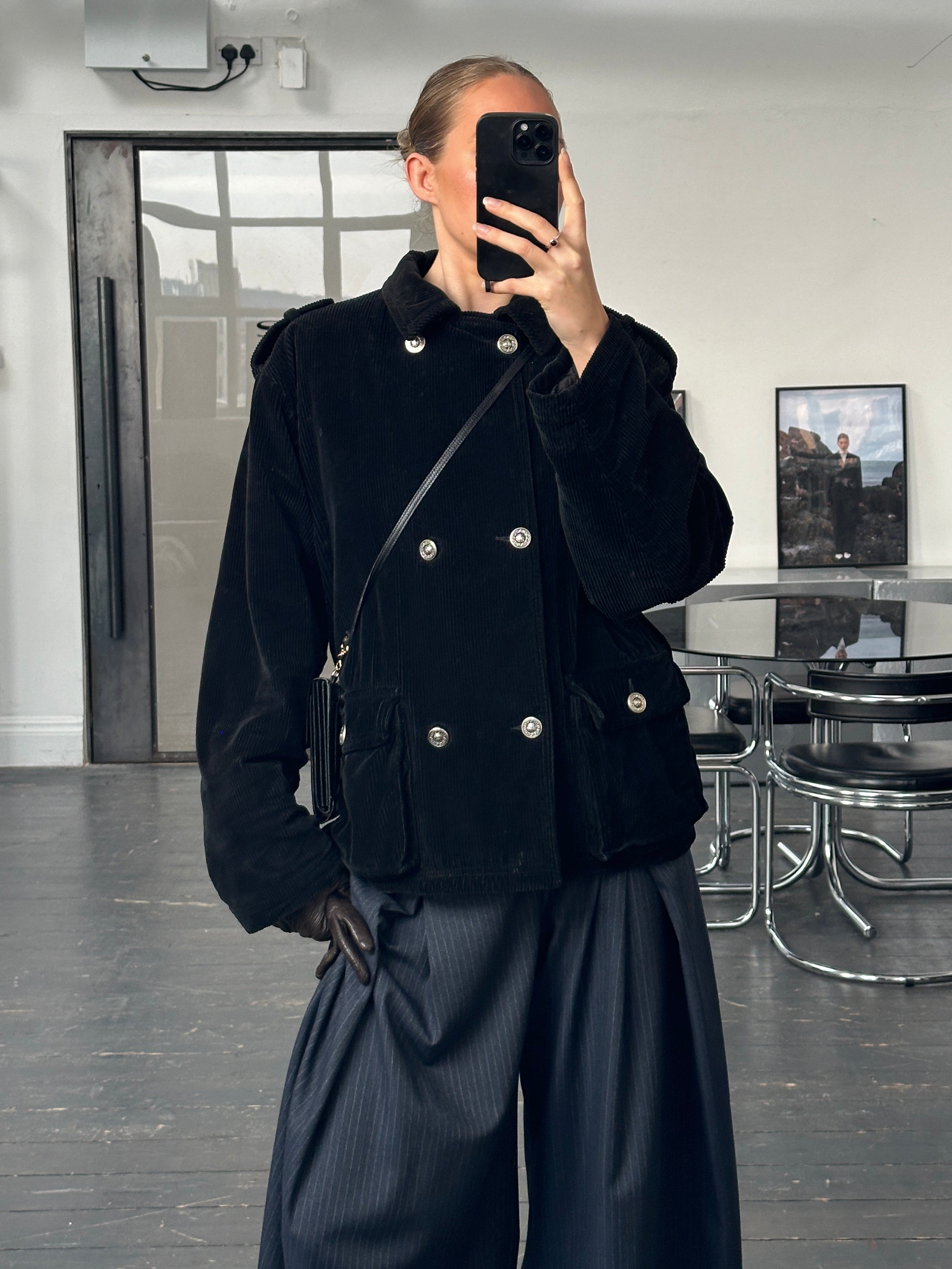 Versace Sport 1990s bespoke Medusa button corduroy double-breasted coat in XL, featuring classic design and distinctive Medusa details.
