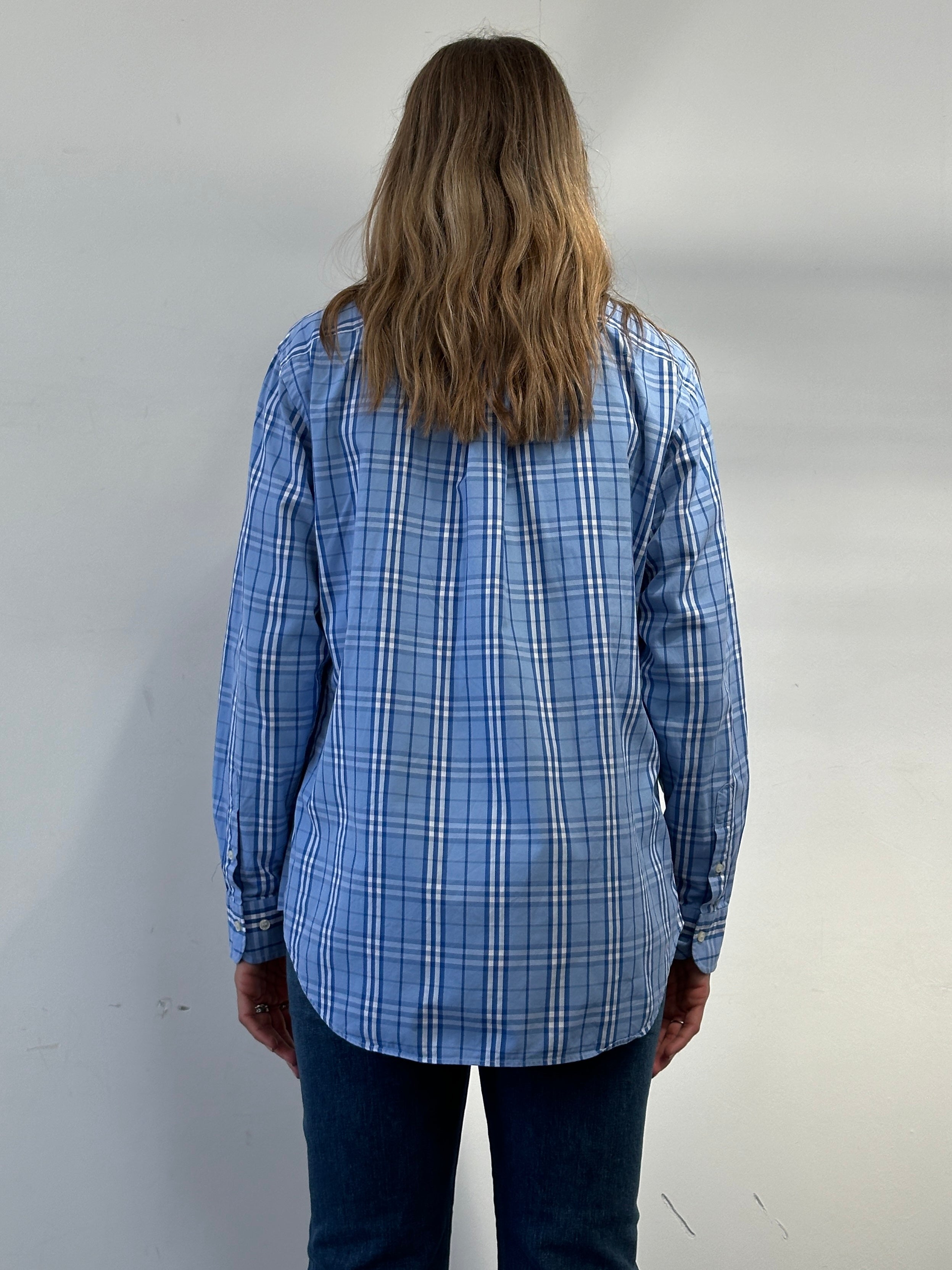 Burberry London Check cotton logo shirt in size M/L, featuring the classic plaid pattern and button-front design.