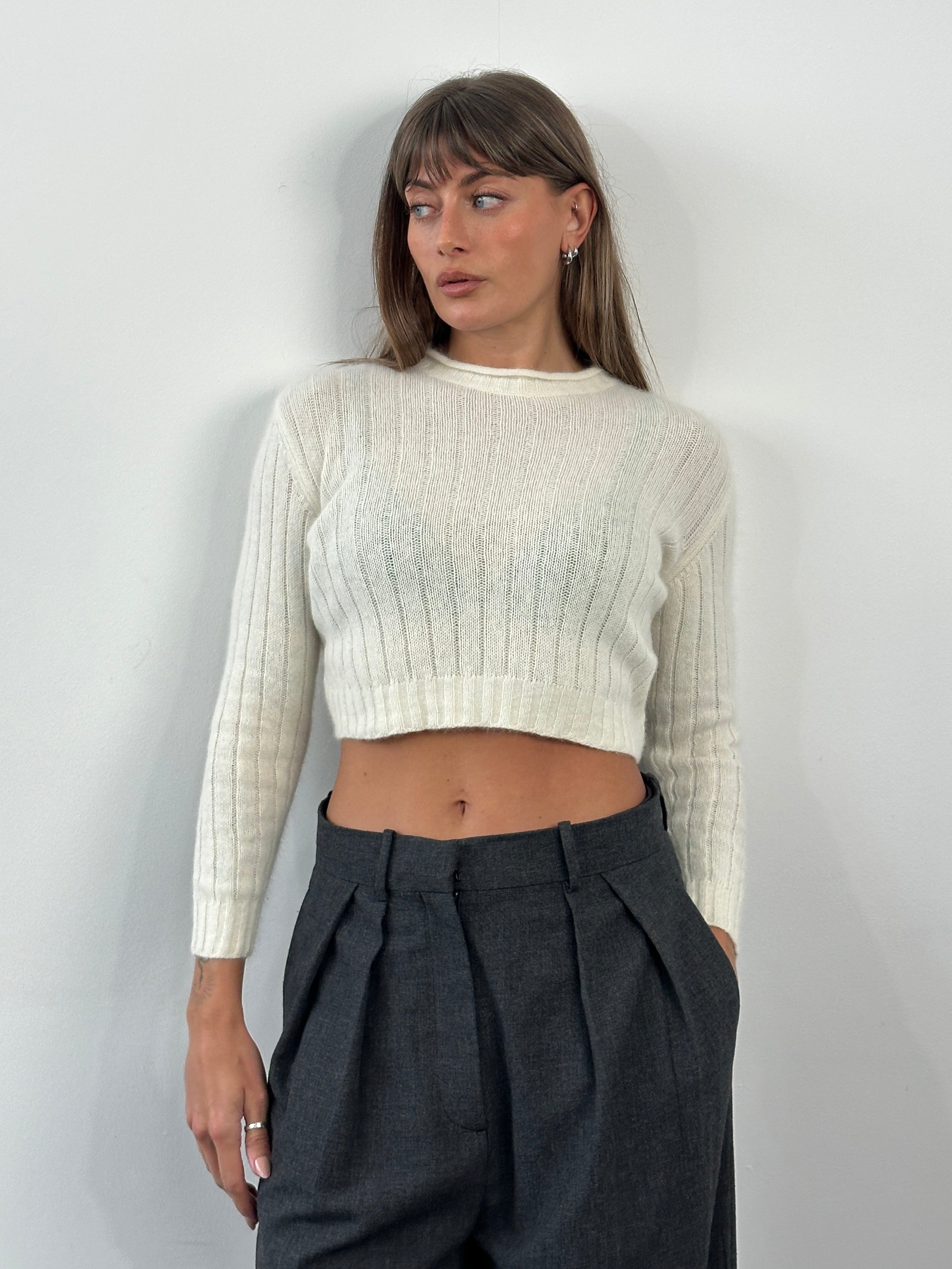 Vintage 1990s angora wool cropped jumper in soft cream, fitted style, from the Vintage brand.