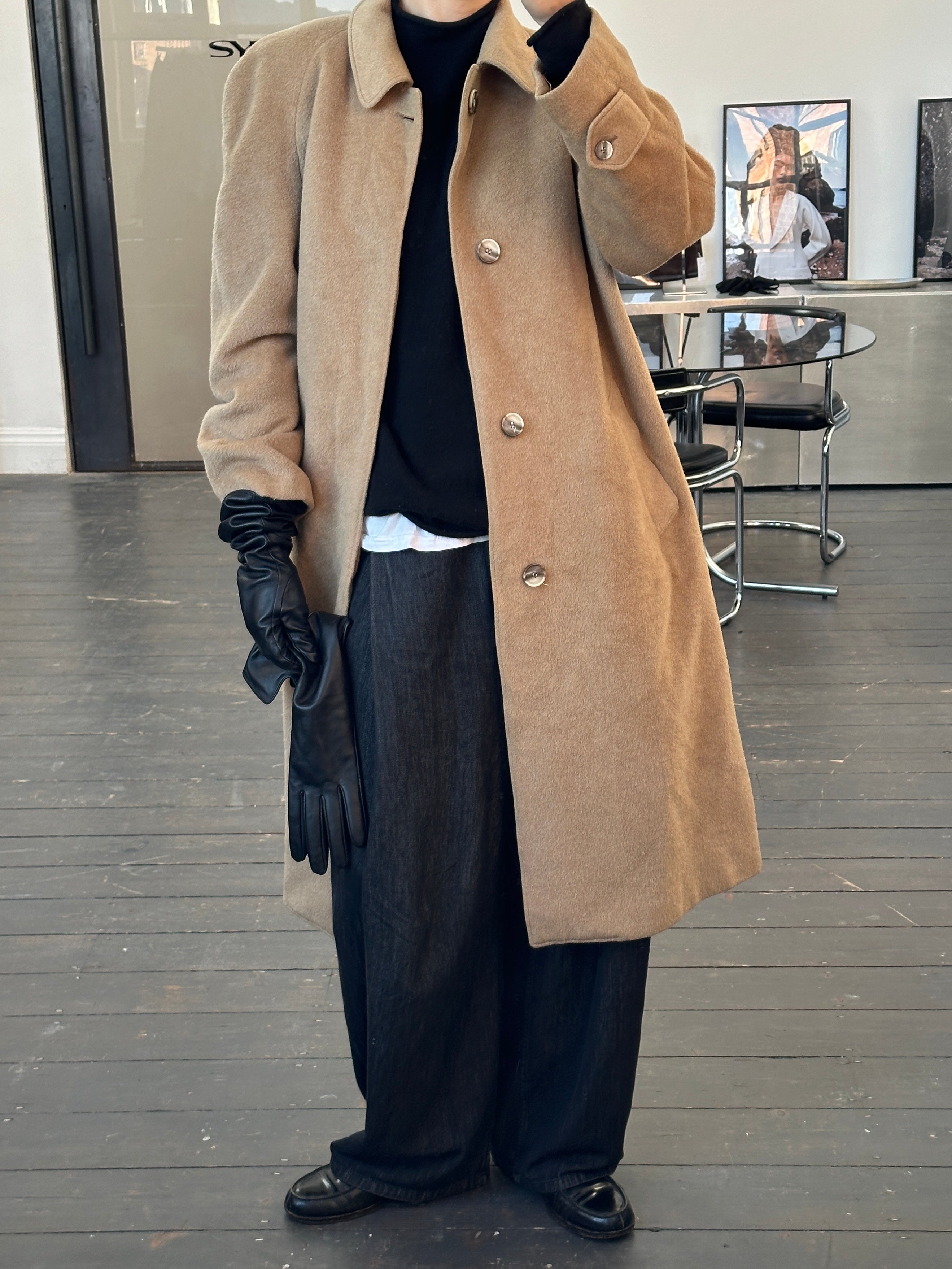 Christian Dior Monsieur 1970s wool coat with concealed placket in XL/XXL size, showing classic tailored design and neutral color.