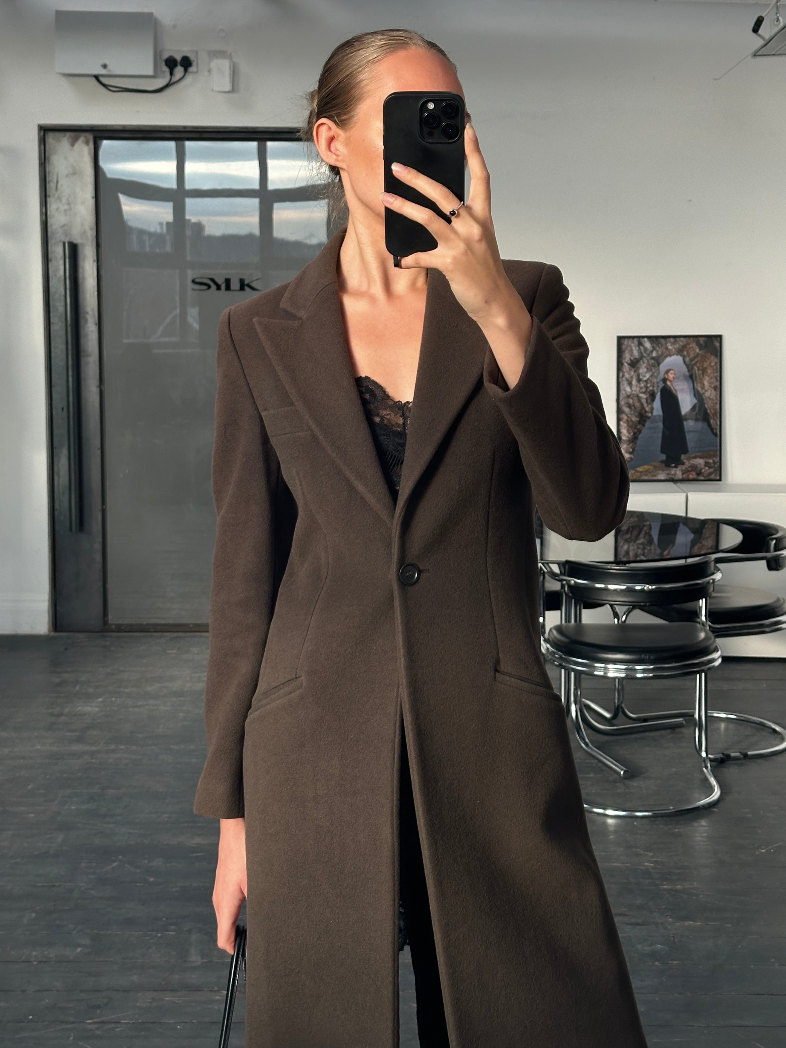 Emporio Armani 1990s pure virgin wool single-button coat in XS/S, shown on a hanger with detailed fabric and classic design.