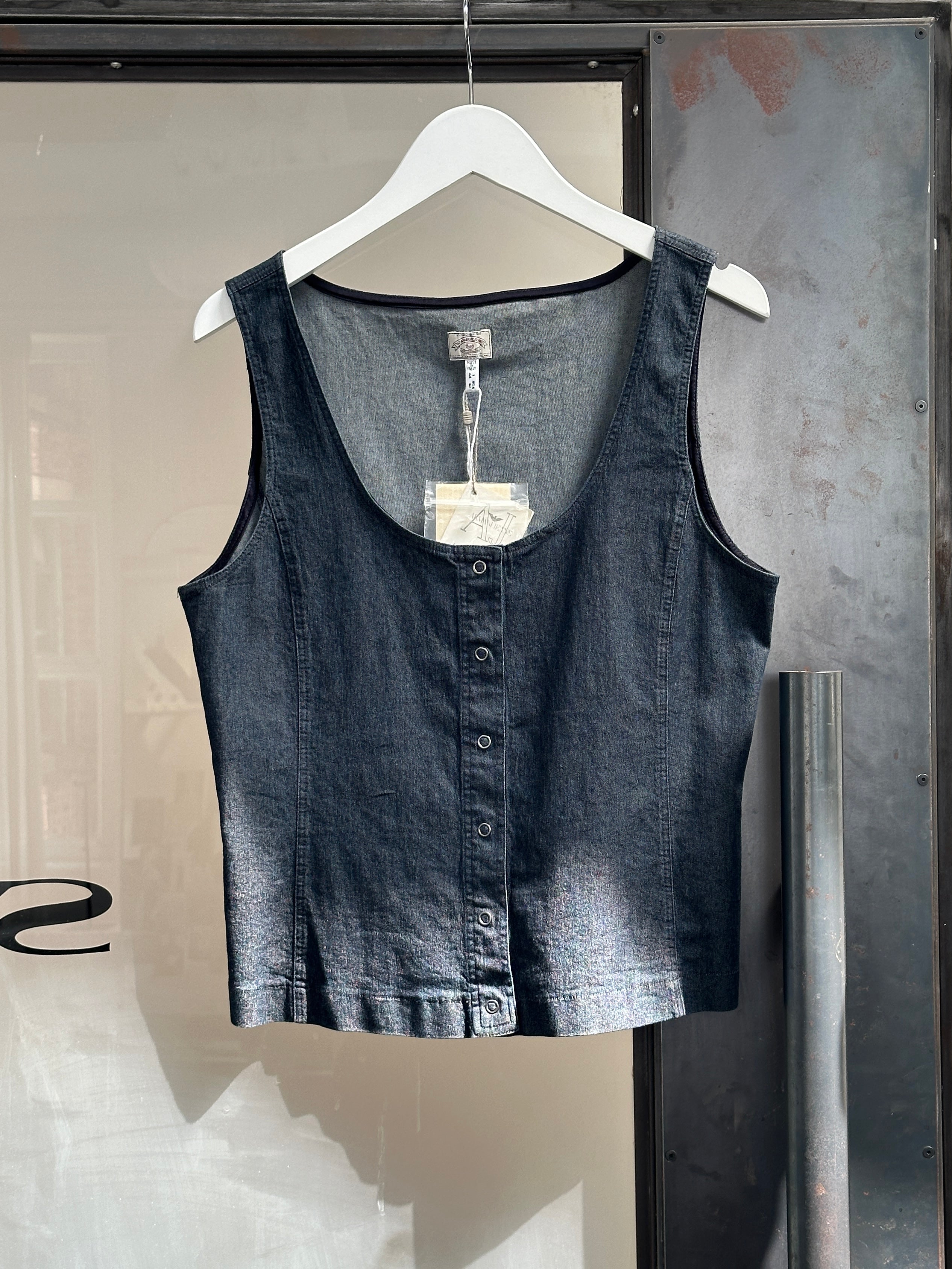 Armani Jeans denim vest top in size S/M, sleeveless design with classic blue denim fabric and button-front closure.