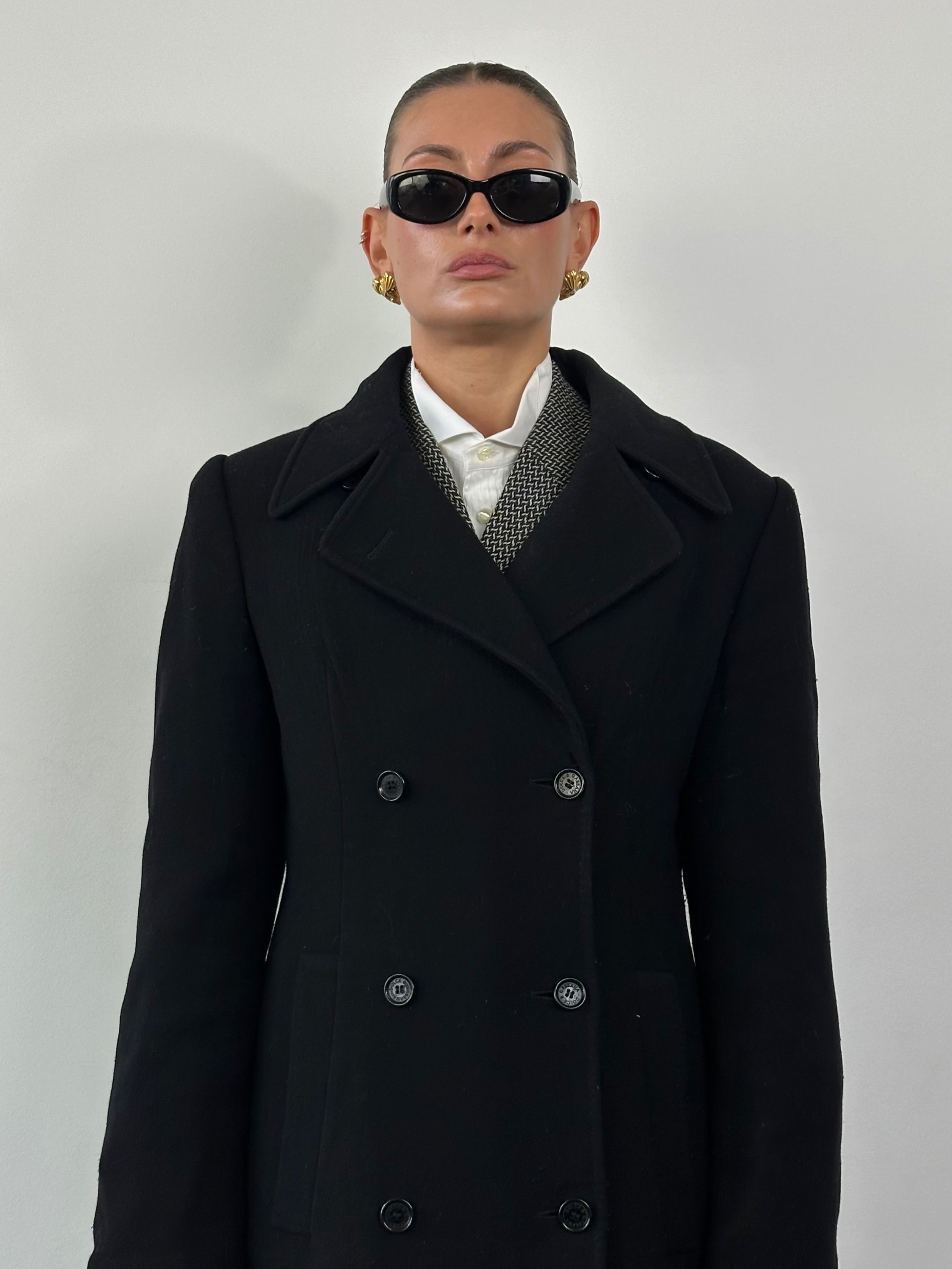 Dolce & Gabbana wool floor-length double-breasted coat in black, tailored with wide lapels and classic button details.