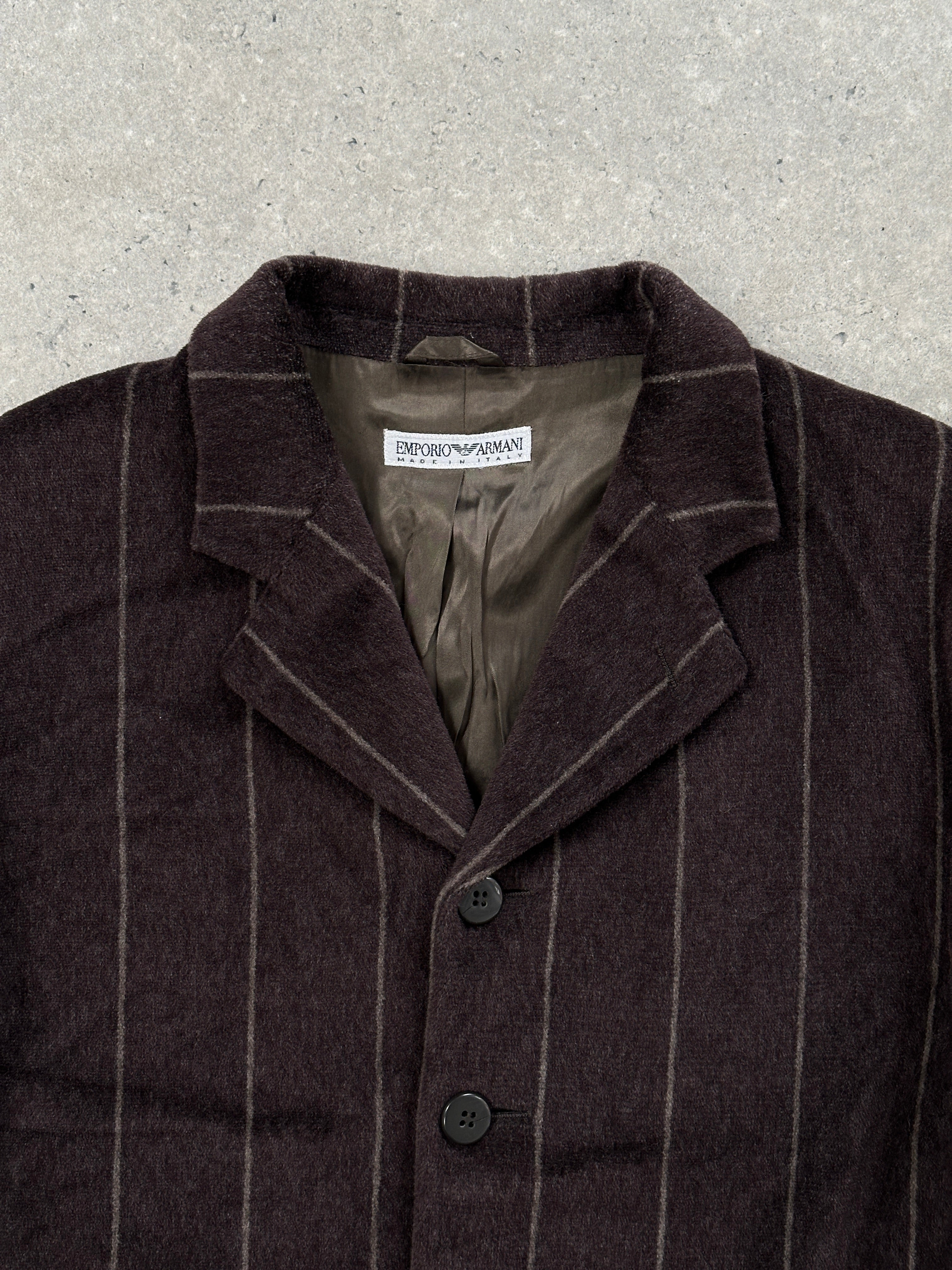 Emporio Armani wool fuzzy stripe blazer coat in size 42R/XL, featuring a stylish striped pattern and tailored fit.