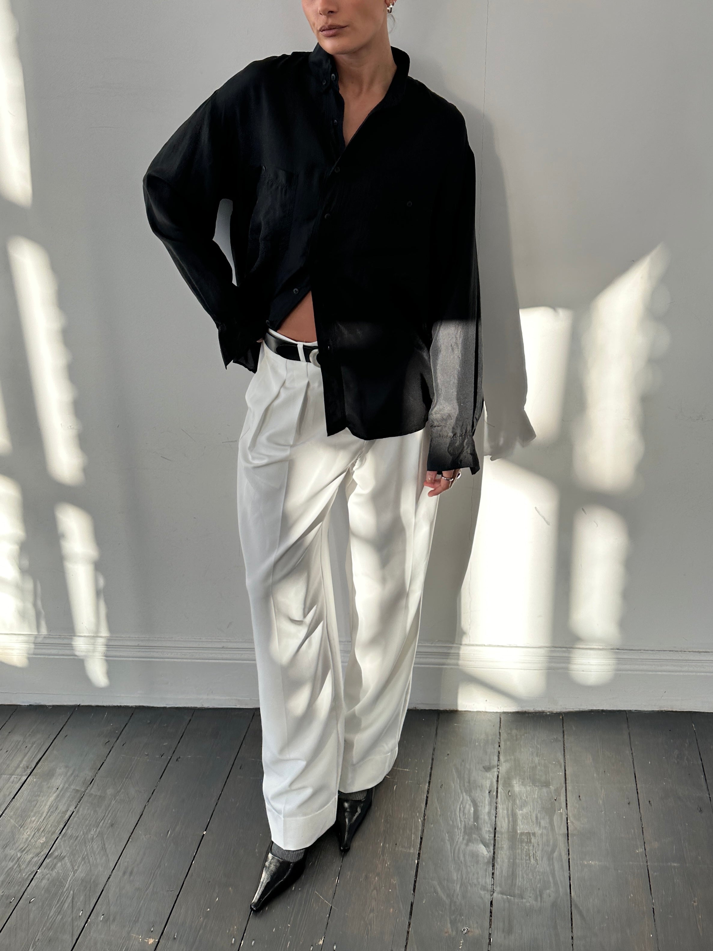 Vintage Pure Silk Shirt in size L/XL, featuring a smooth, elegant fabric and classic design perfect for stylish casual or formal wear.