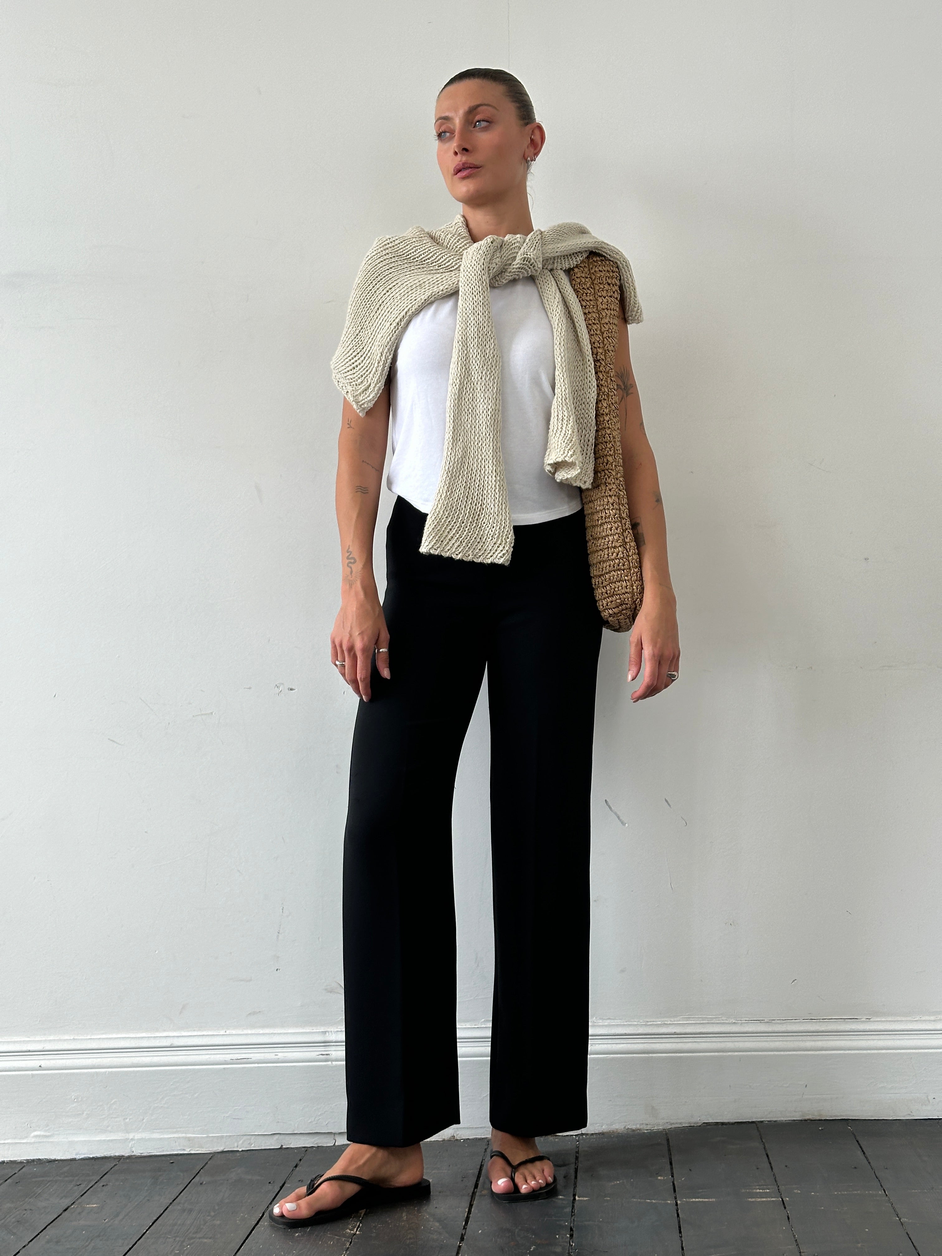 Marella minimal straight-leg mid-waist trousers in neutral fabric, size W26, displayed on a hanger.