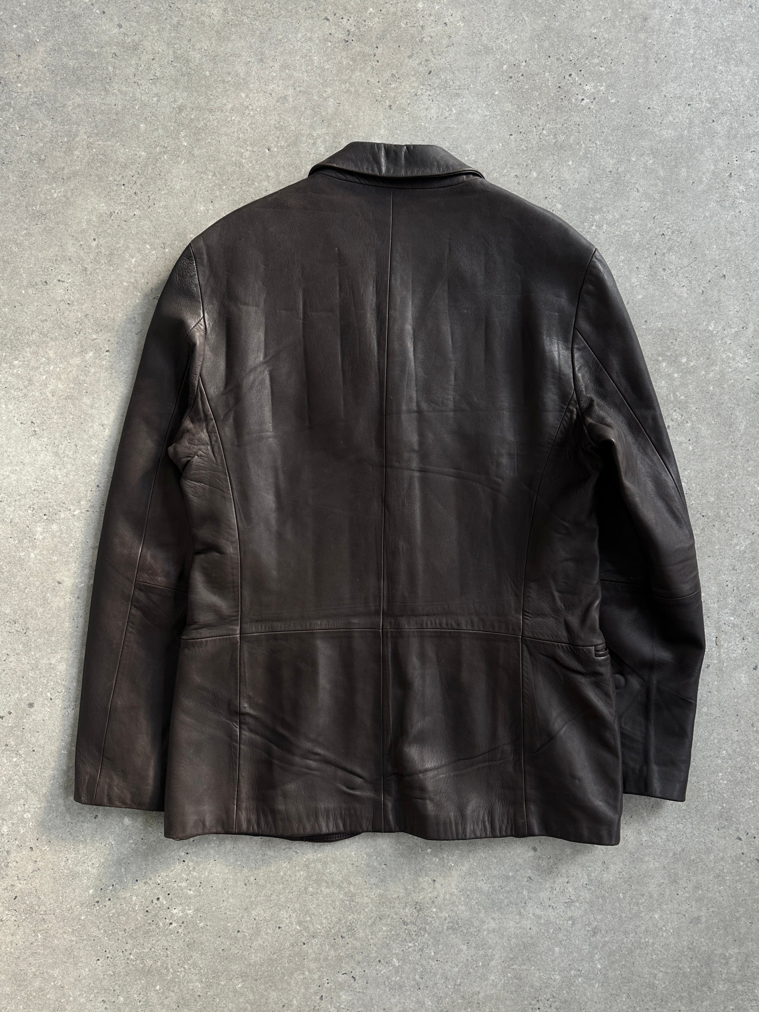 Emporio Armani 1990s lamb leather jacket in classic black, featuring a sleek design and detailed stitching.