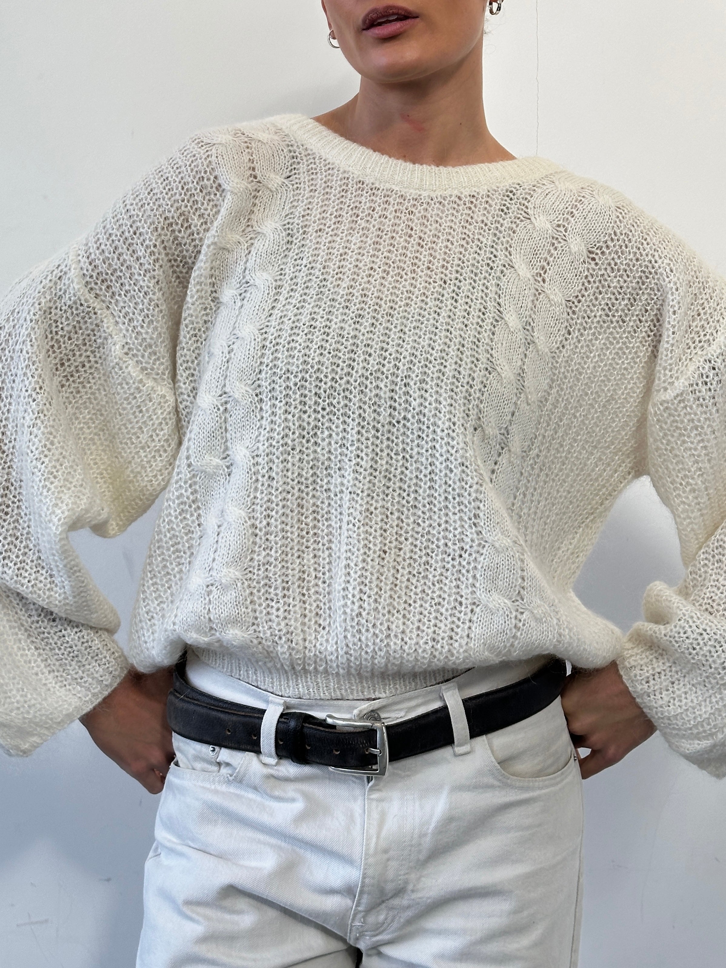 Vintage mohair open cable knit jumper in size M, featuring a cozy, textured design with a classic cable pattern and soft, warm fabric.