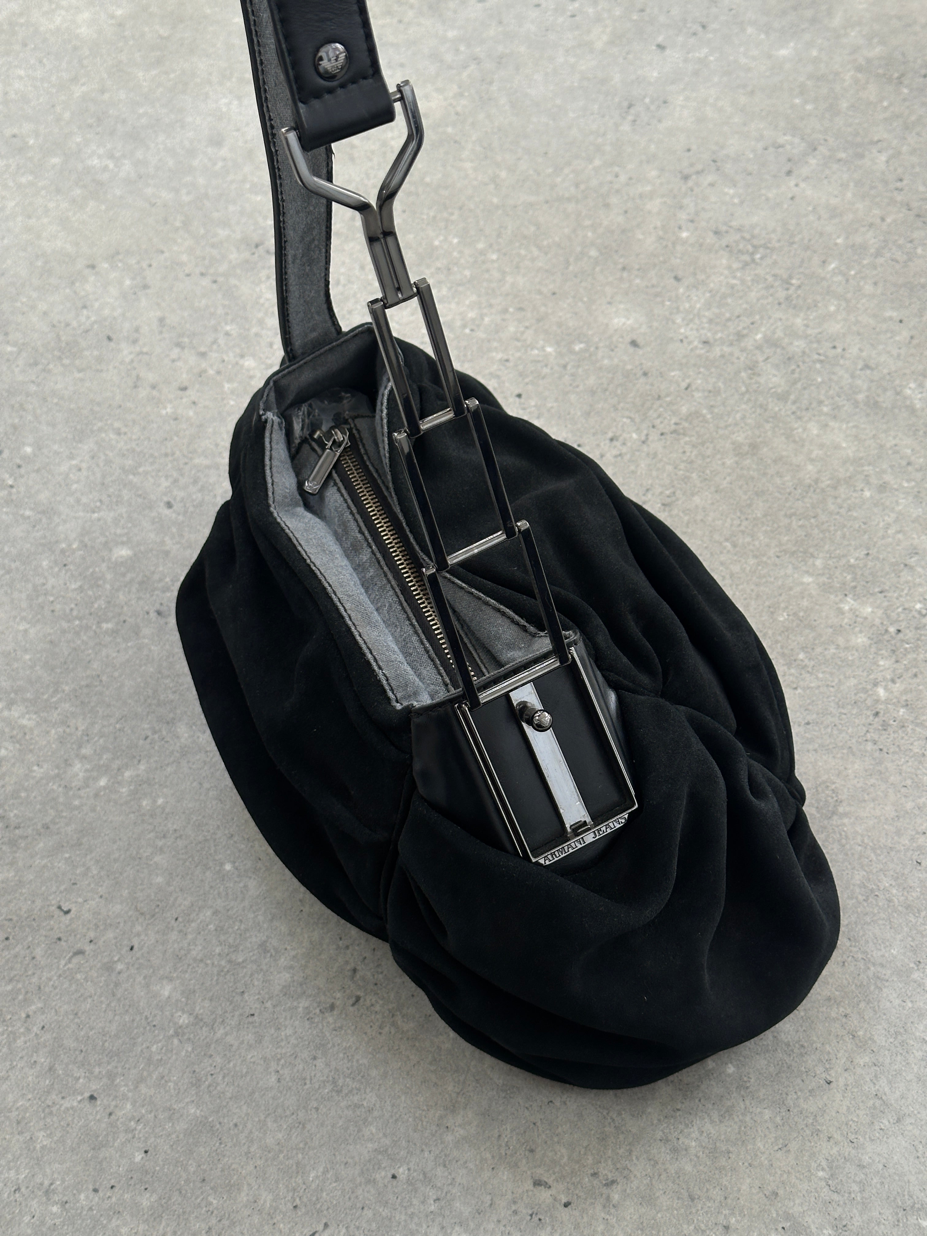 Armani Jeans suede ruched shoulder bag with adjustable strap and stylish design, perfect for casual and chic looks.