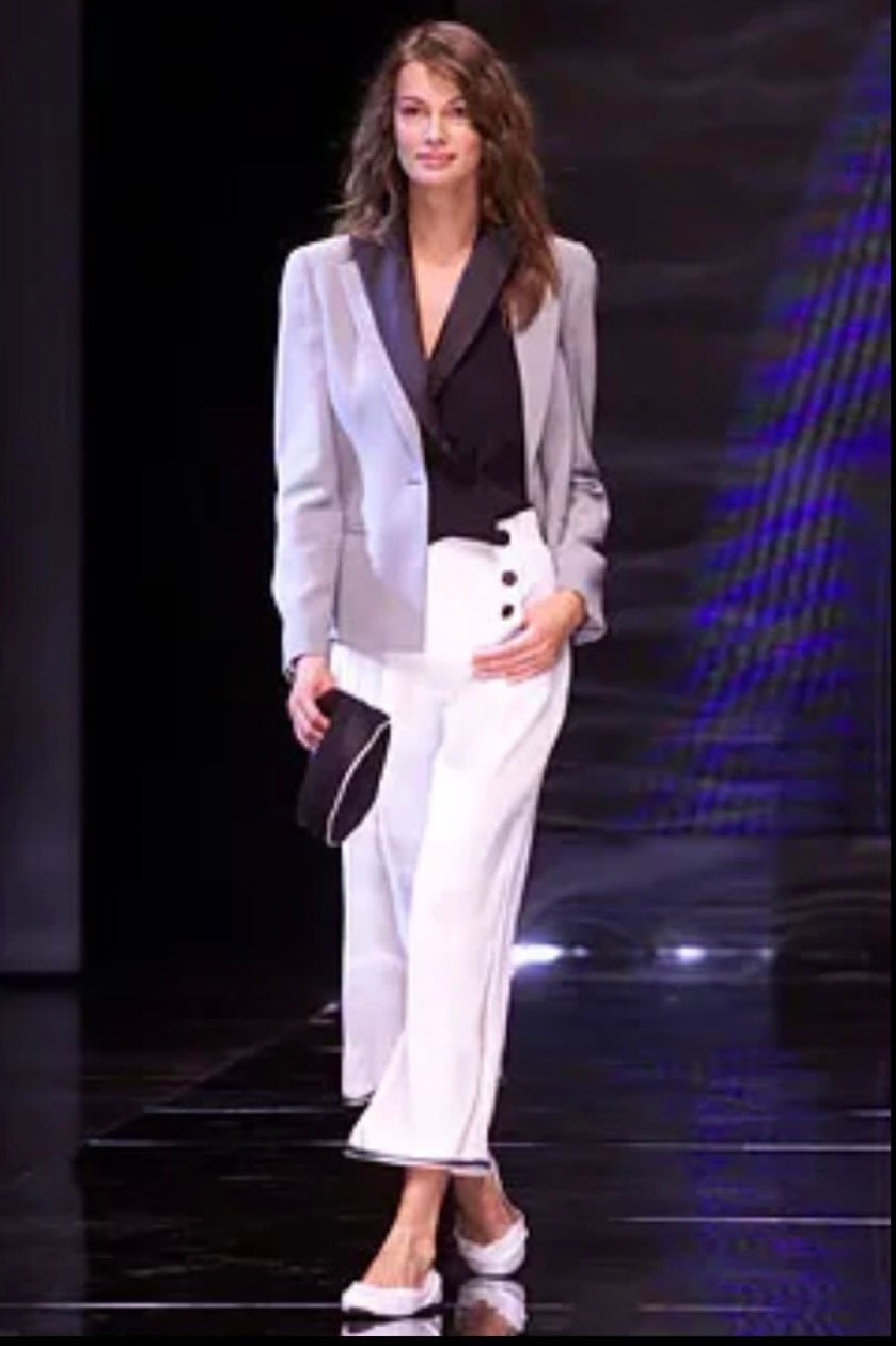 Emporio Armani SS2002 pure silk tuxedo waistcoat in size M, featuring a sleek black design with satin lapels and tailored fit.