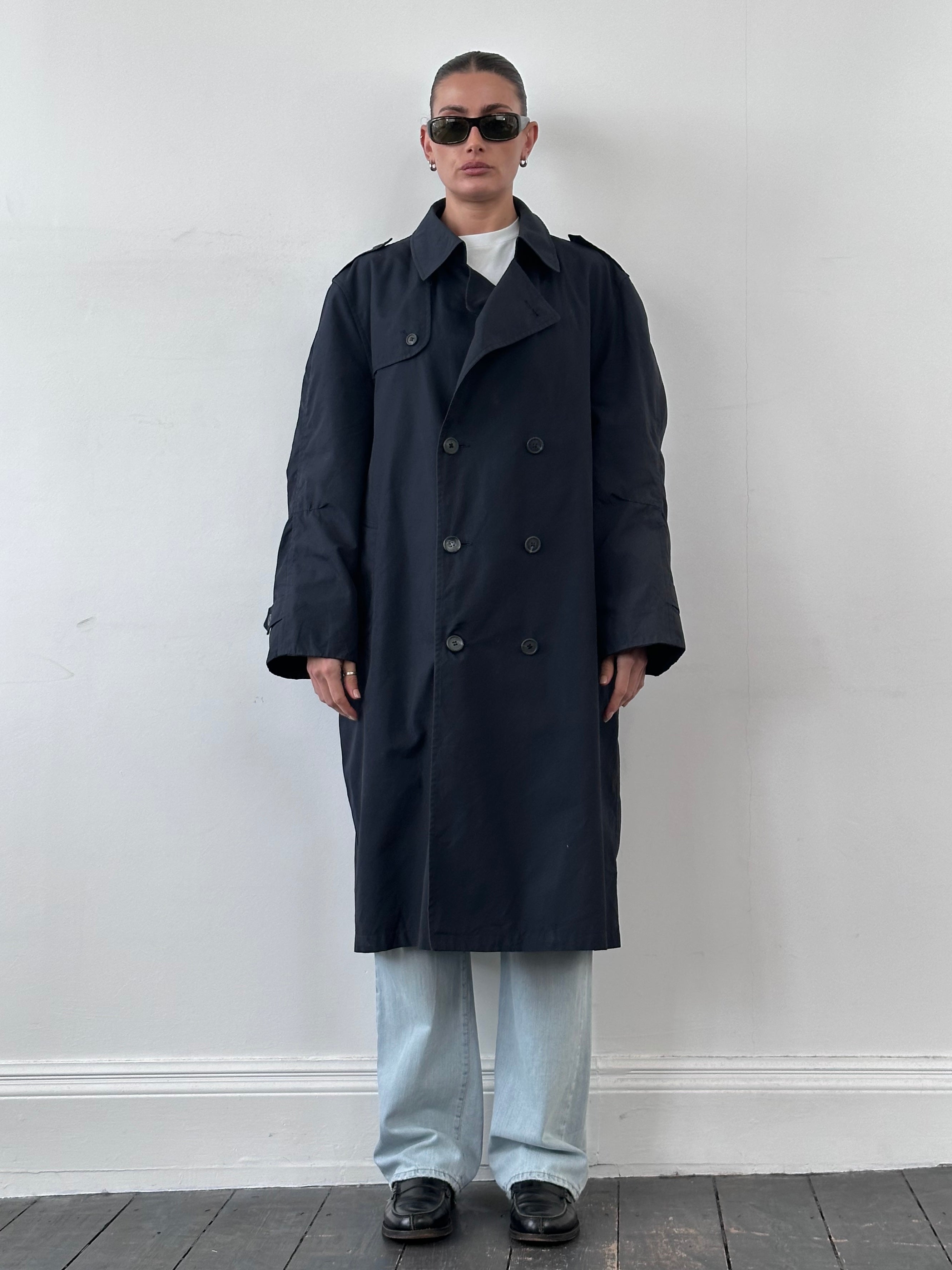 Christian Dior Monsieur double-breasted trench coat in size XL, stylish tailored coat with classic design and beige fabric.