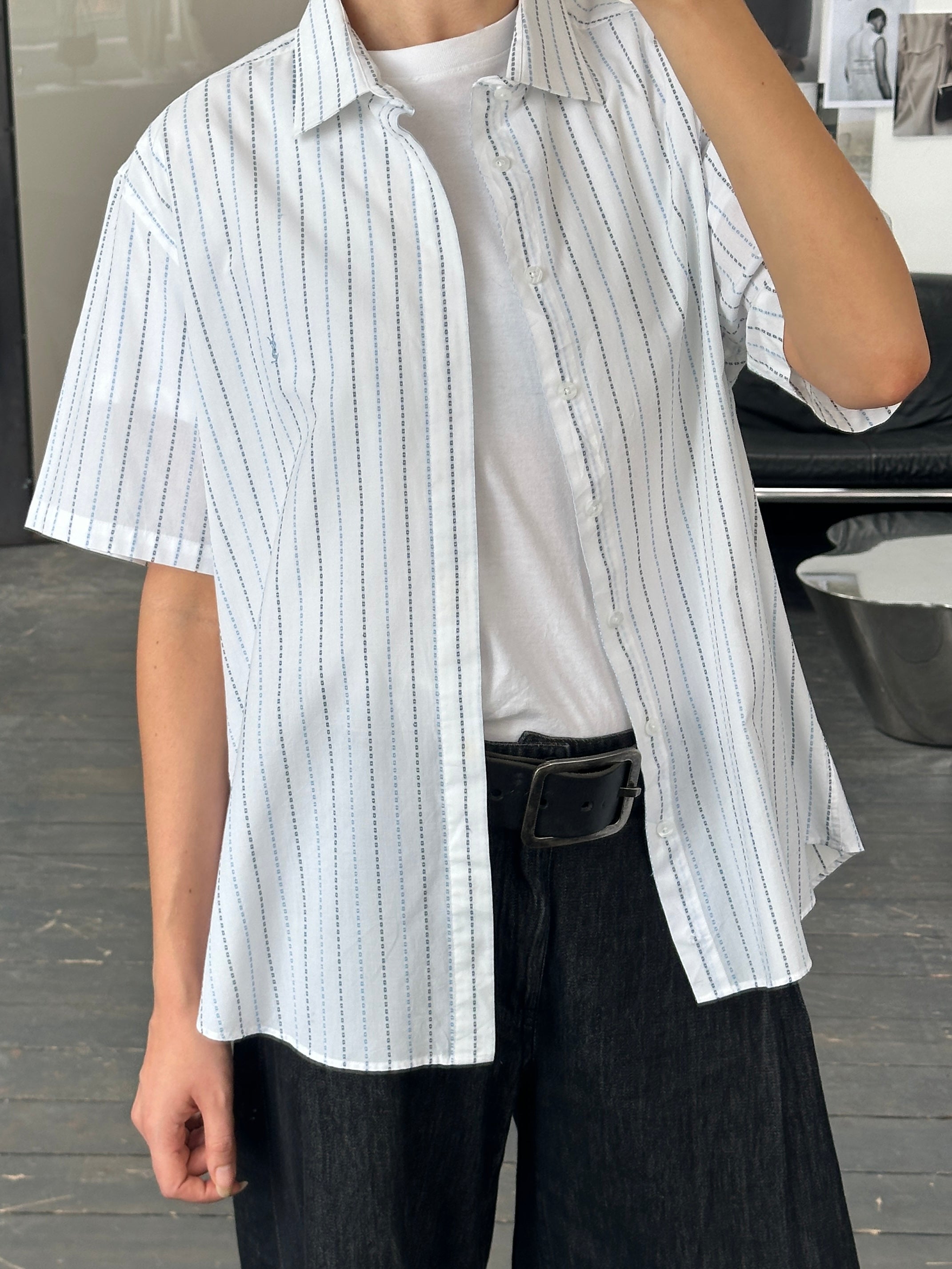 Yves Saint Laurent Pour Homme check cotton short sleeve logo shirt in size L, featuring a classic pattern and YSL branding.