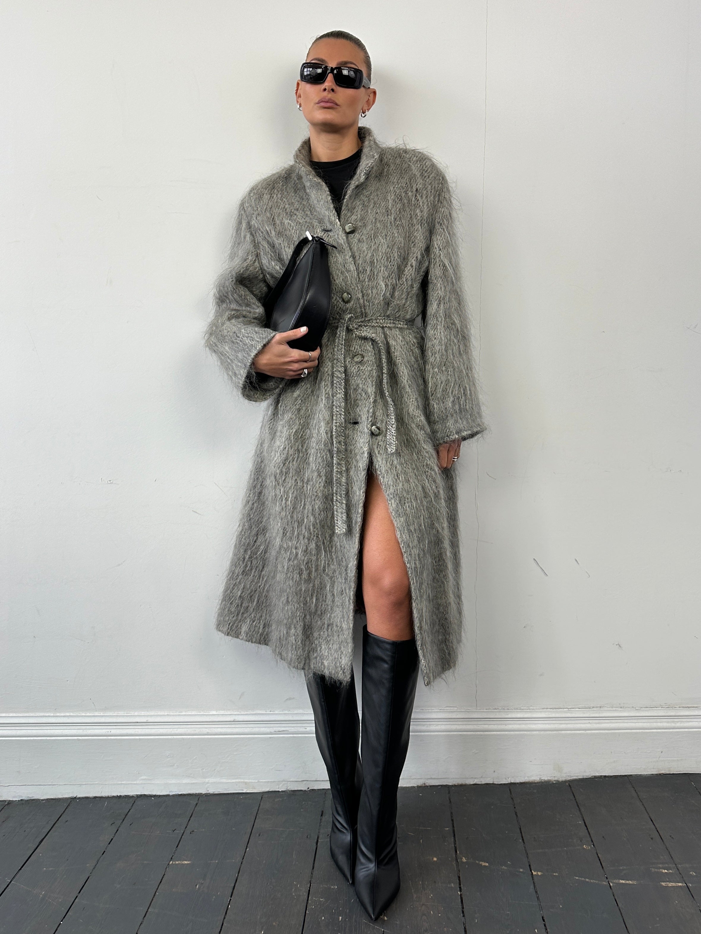 Jaeger mohair wool fuzzy belted coat in size large, featuring a soft texture and stylish design, perfect for winter wear.