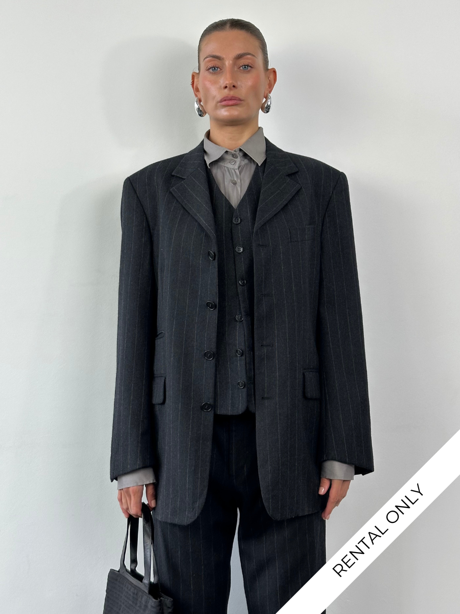 Yves Saint Laurent men's 1990s brushed wool pinstripe three-piece suit, size 40R/W30, tailored with notch lapels and matching trousers.