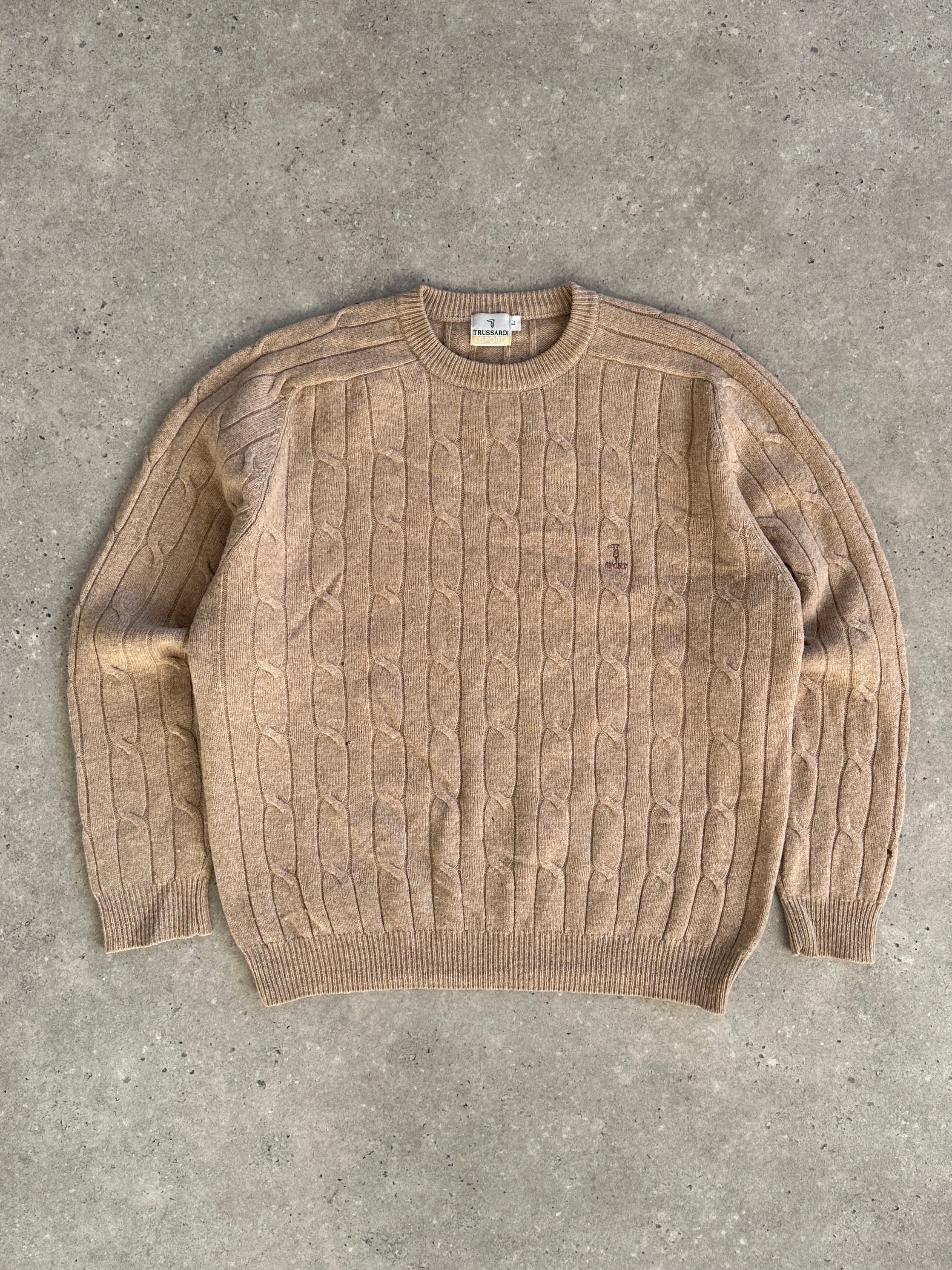 Trussardi pure wool cable knit logo jumper in size L, featuring a classic design with ribbed cuffs and neckline.