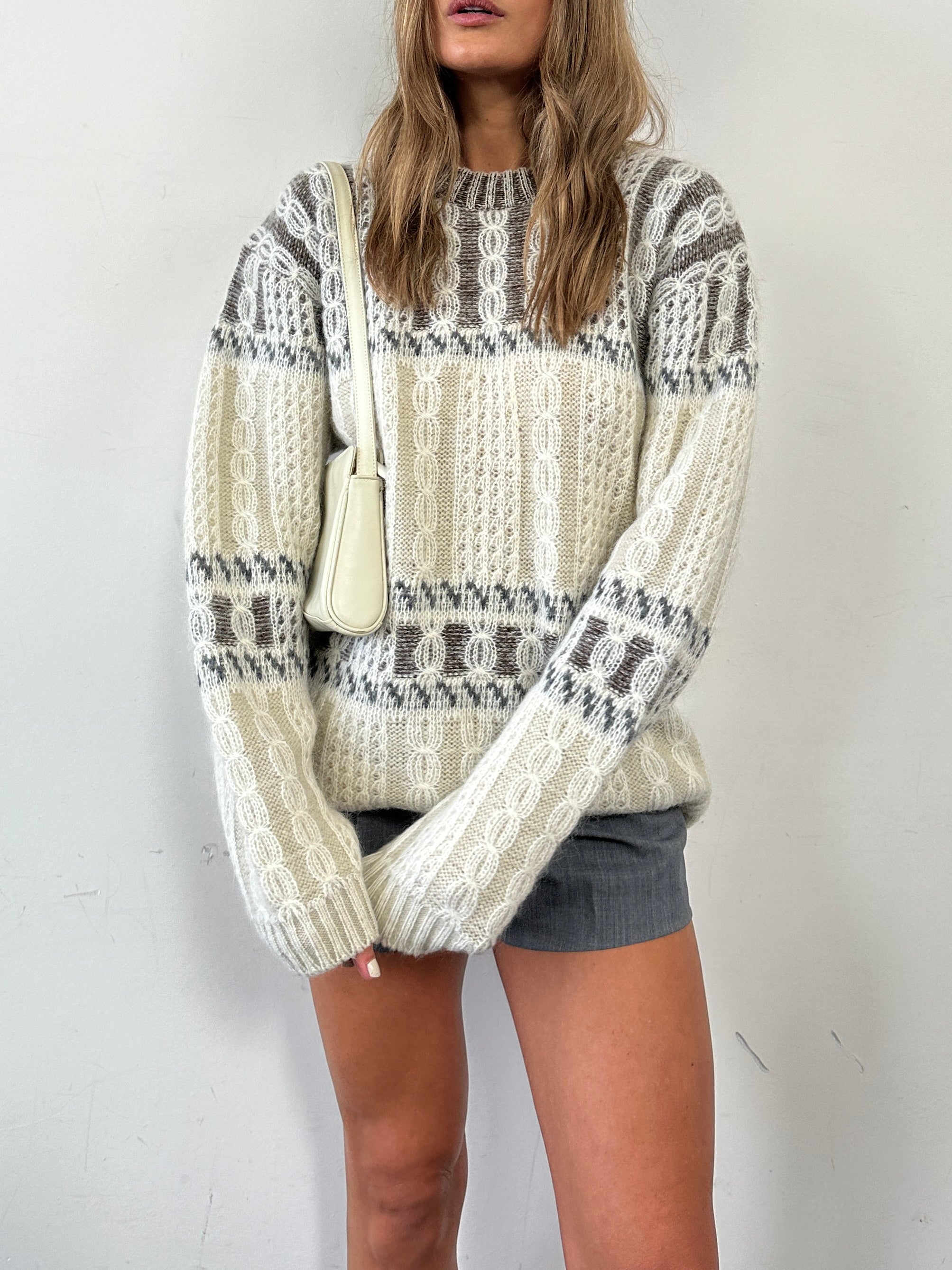 Vintage Italian wool mohair fair isle knitted jumper in XL with intricate colorful patterns and cozy texture.