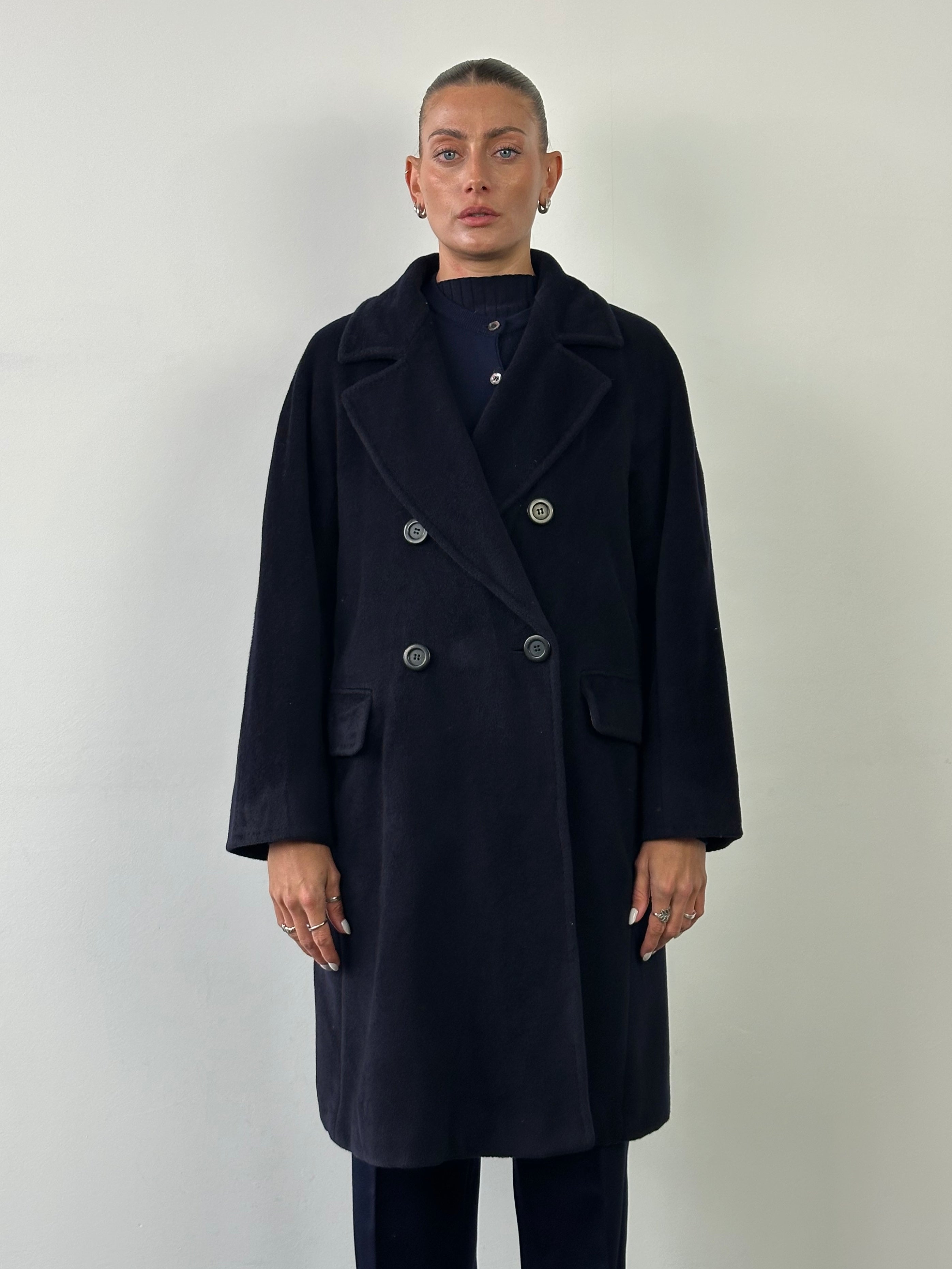 Max Mara wool and cashmere double-breasted A-line coat in size L, showcasing tailored design and elegant lapel details.
