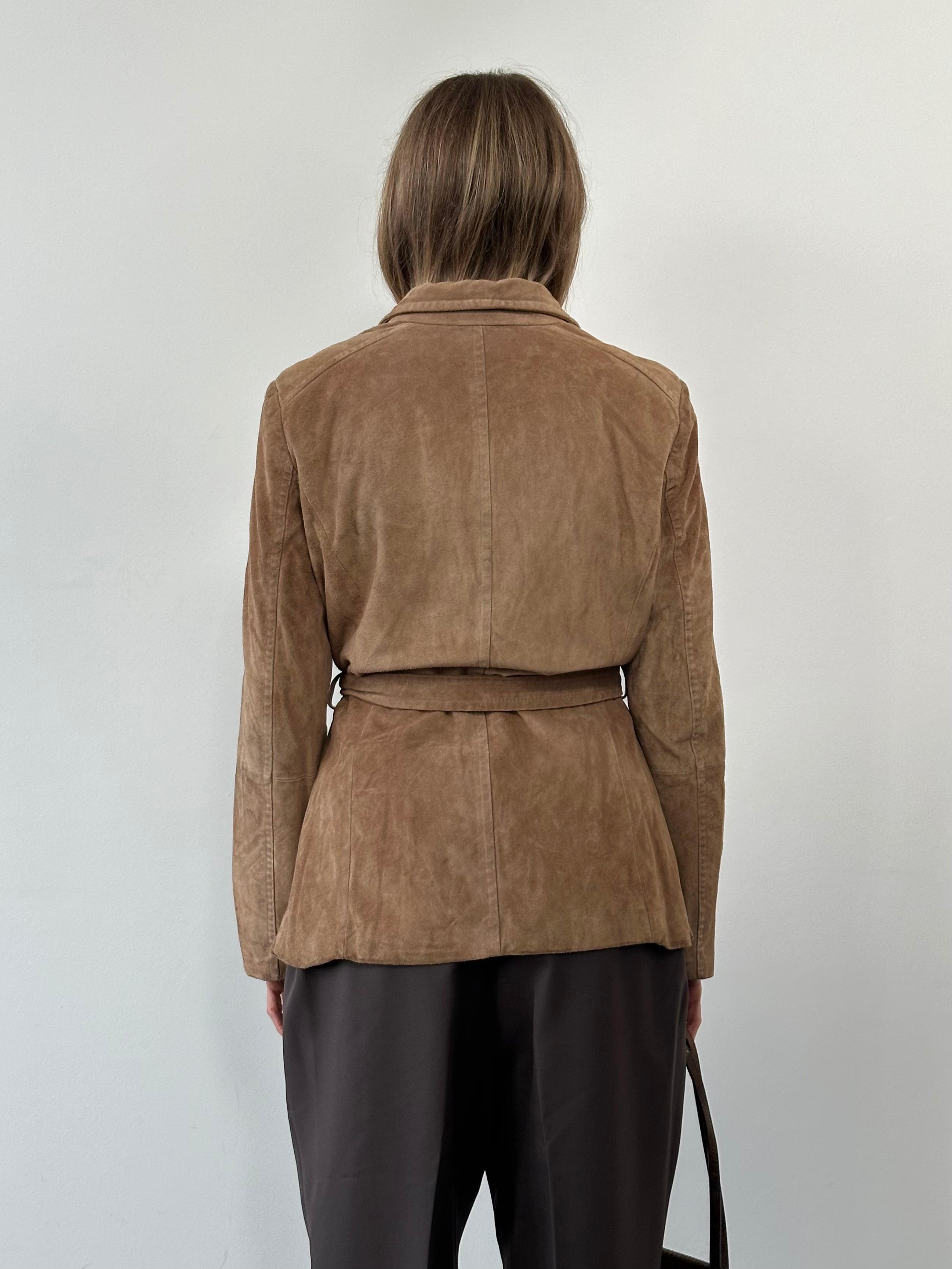 Marella suede belted jacket in brown with front pockets, styled on a hanger against a neutral background.