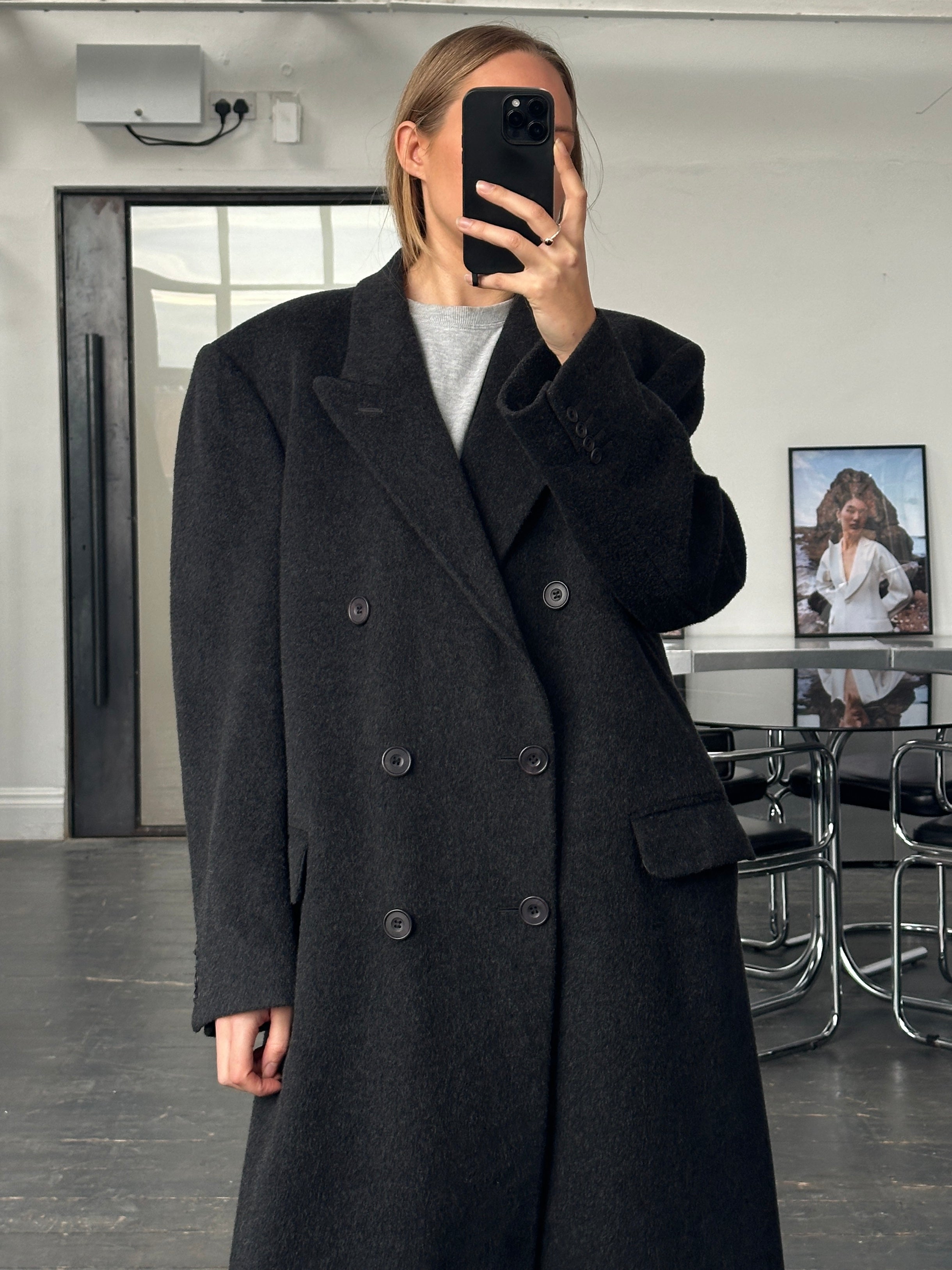 Vintage British 1990s wool cashmere double-breasted coat in XL, featuring classic design and tailored collar details.