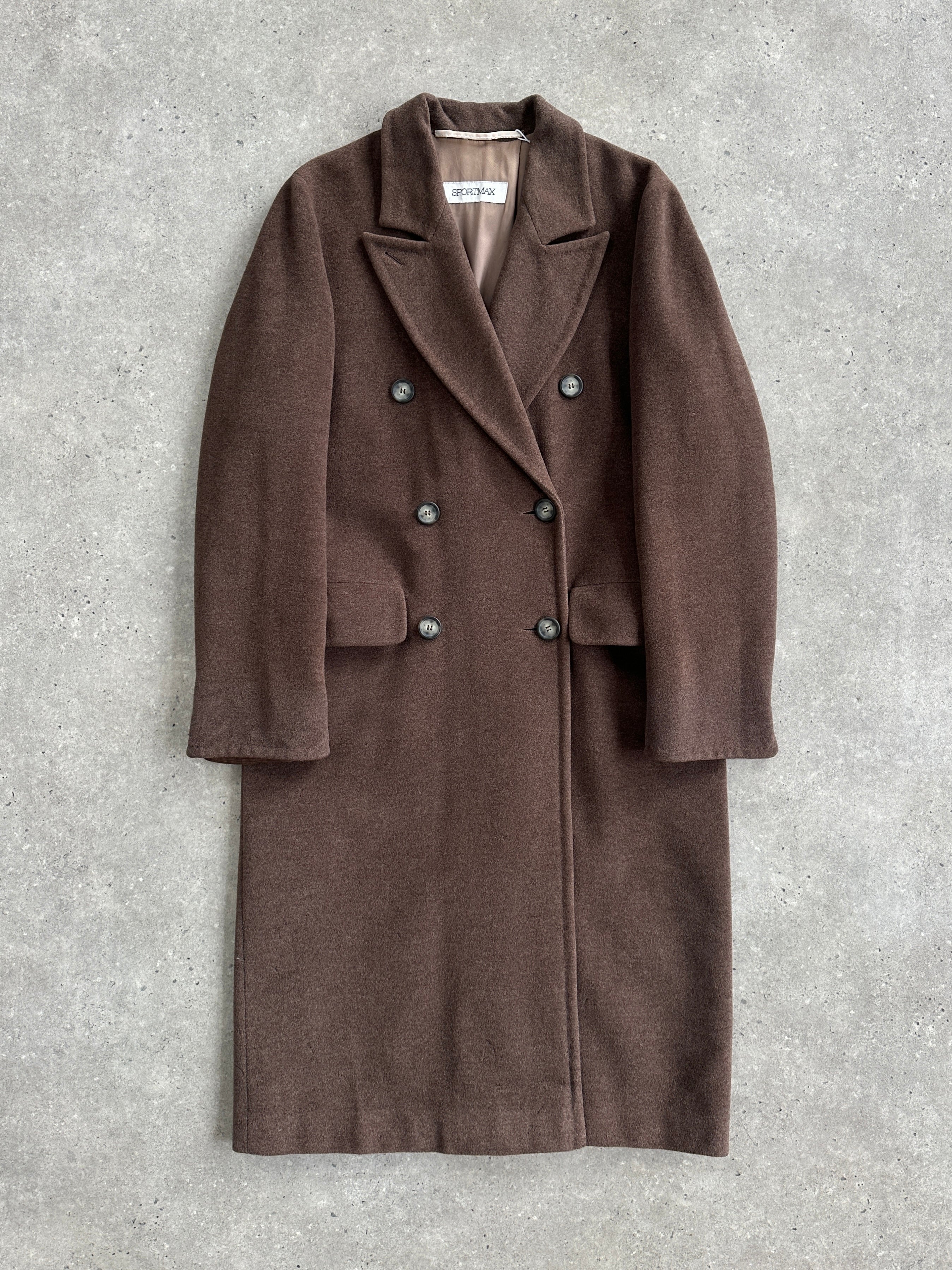 Sportmax 1990s wool double-breasted coat in size M/L, stylish vintage outerwear with classic lapels and tailored fit.