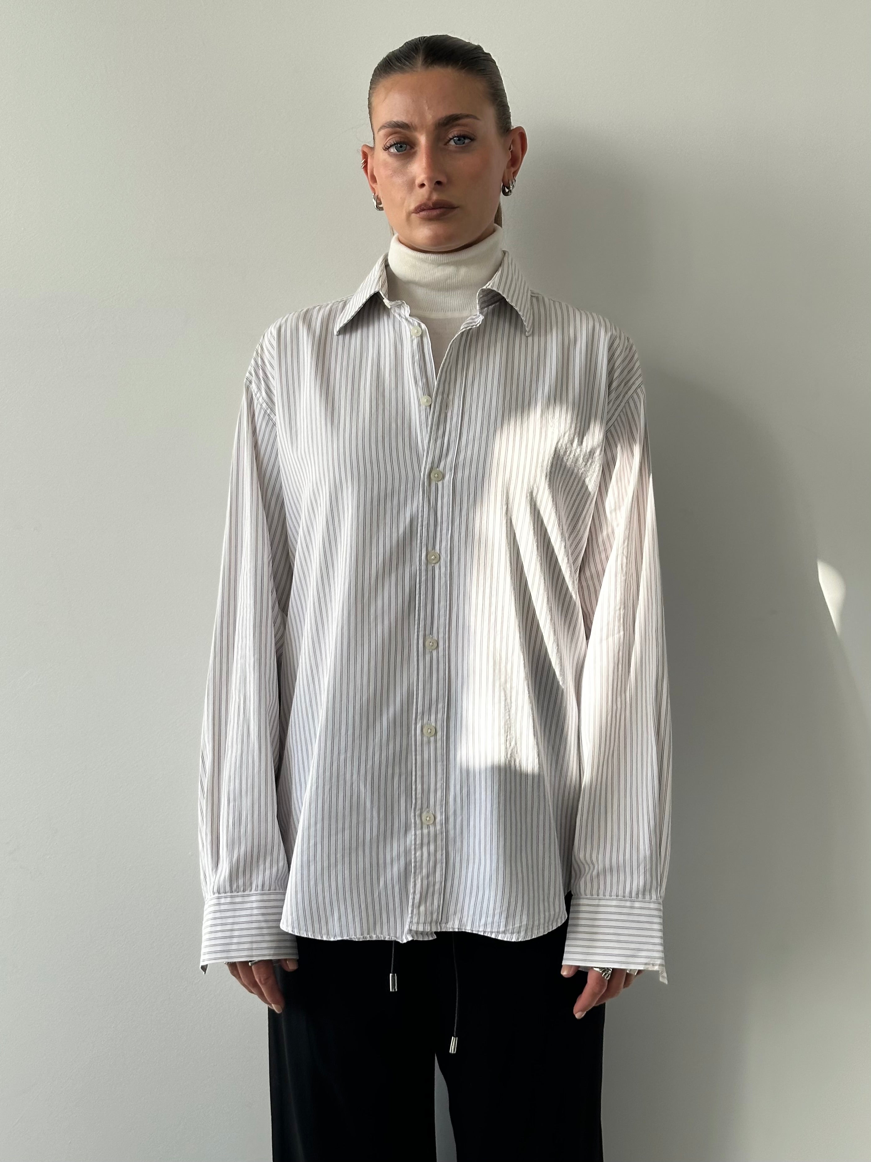 Yves Saint Laurent Pour Homme 2000s stripe cotton logo shirt in XL, featuring a classic design with bold stripe pattern and YSL branding.
