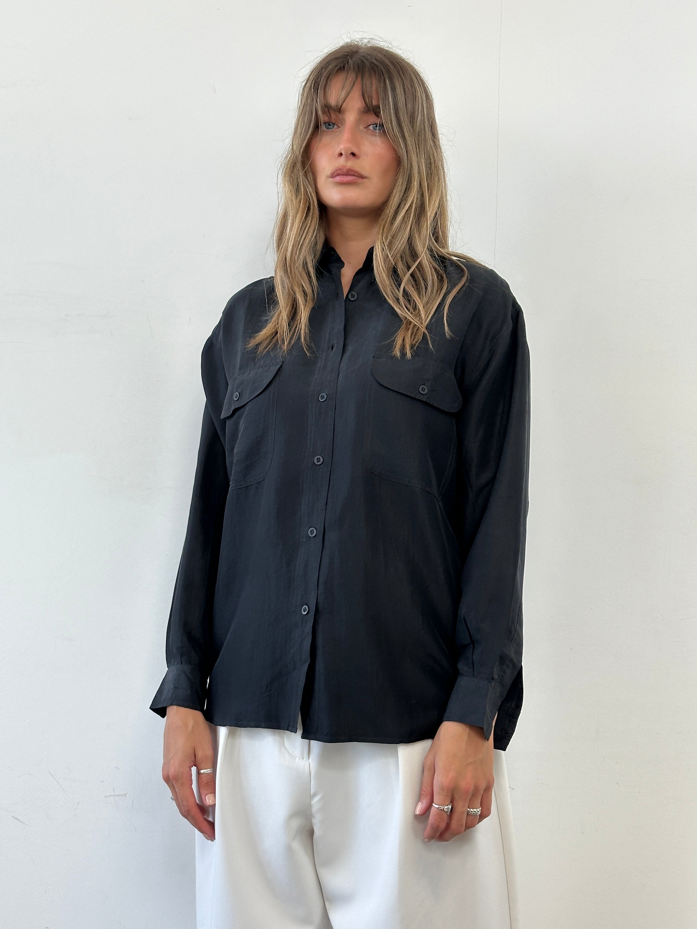 Vintage Italian pure silk shirt in size M, featuring classic design with smooth fabric and elegant style.