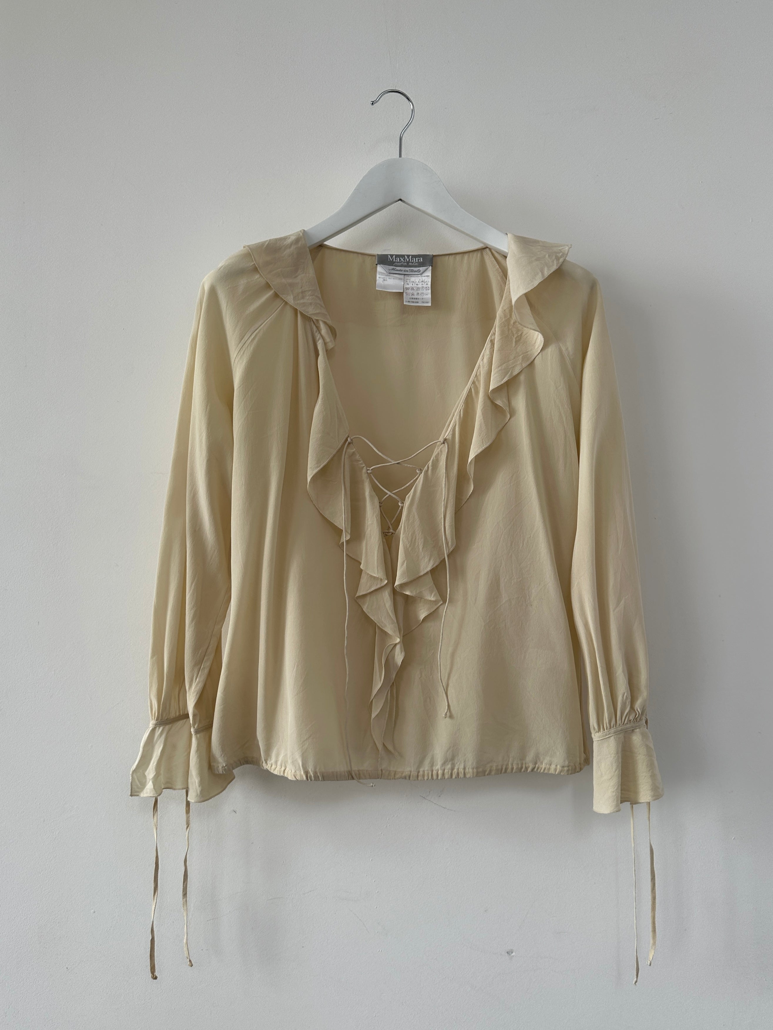 Max Mara pure silk ruffle tie-front blouse in size S/M, shown with elegant ruffle details and classic shirt design.