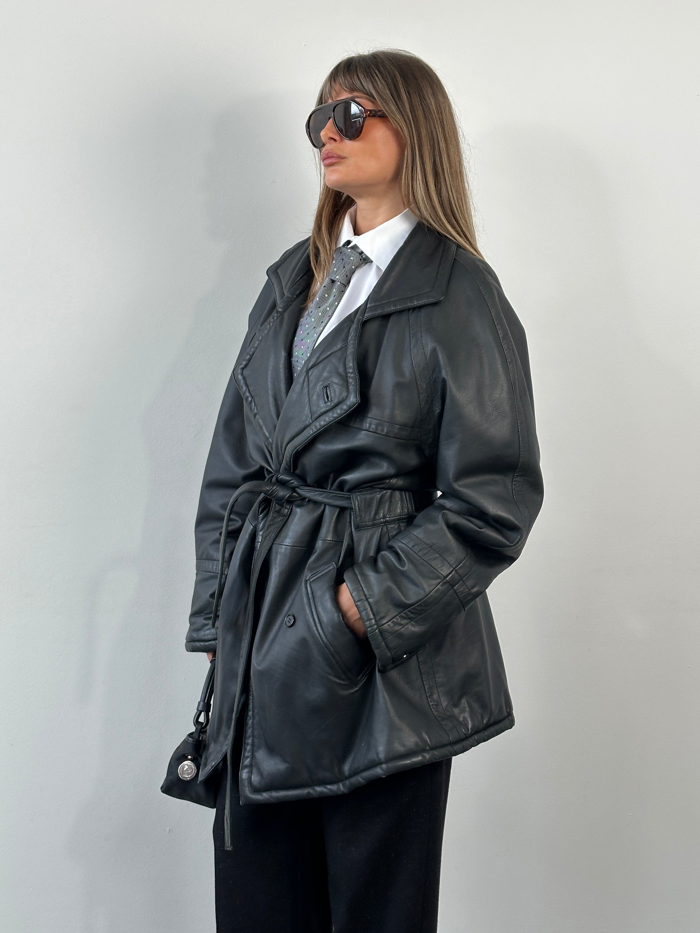 Vintage 1990s Leather Double Breasted Belted Trench Coat - XL - SYLK