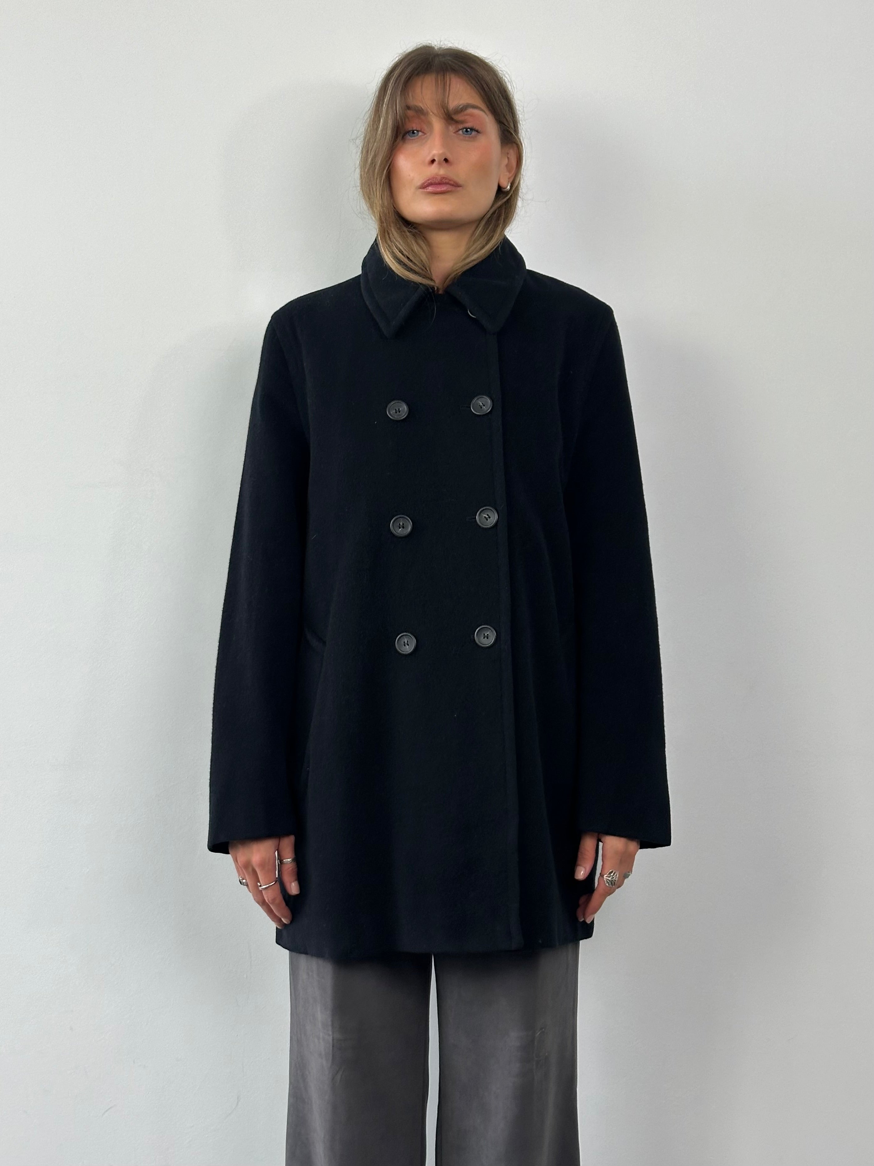 Max & Co pure virgin wool double-breasted coat in size L, featuring classic lapels and tailored fit, shown on a hanger.