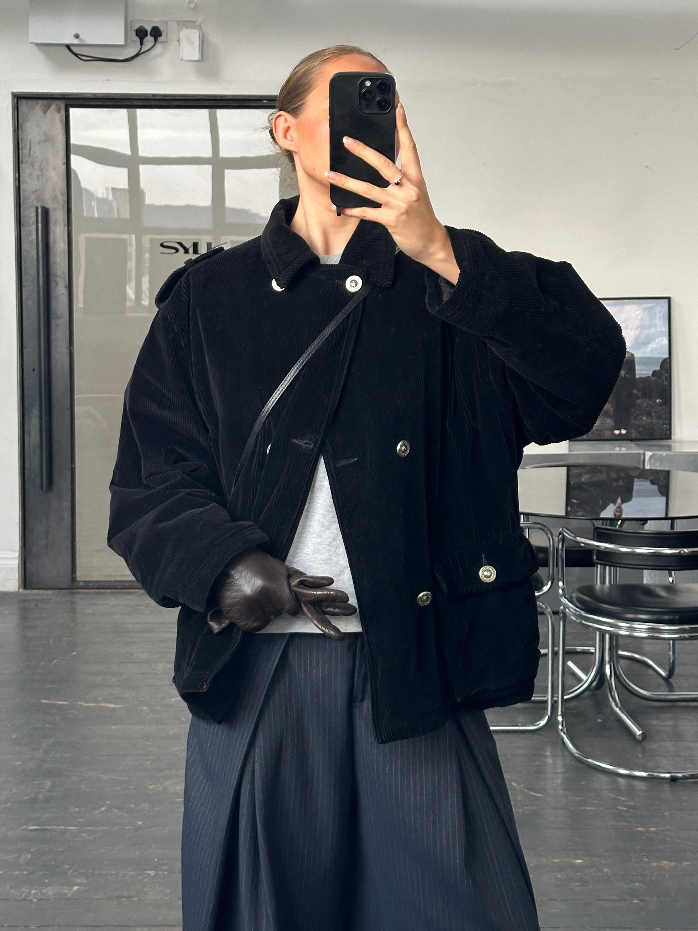 Versace Sport 1990s bespoke Medusa button corduroy double-breasted coat in XL, featuring classic design and signature Medusa details.