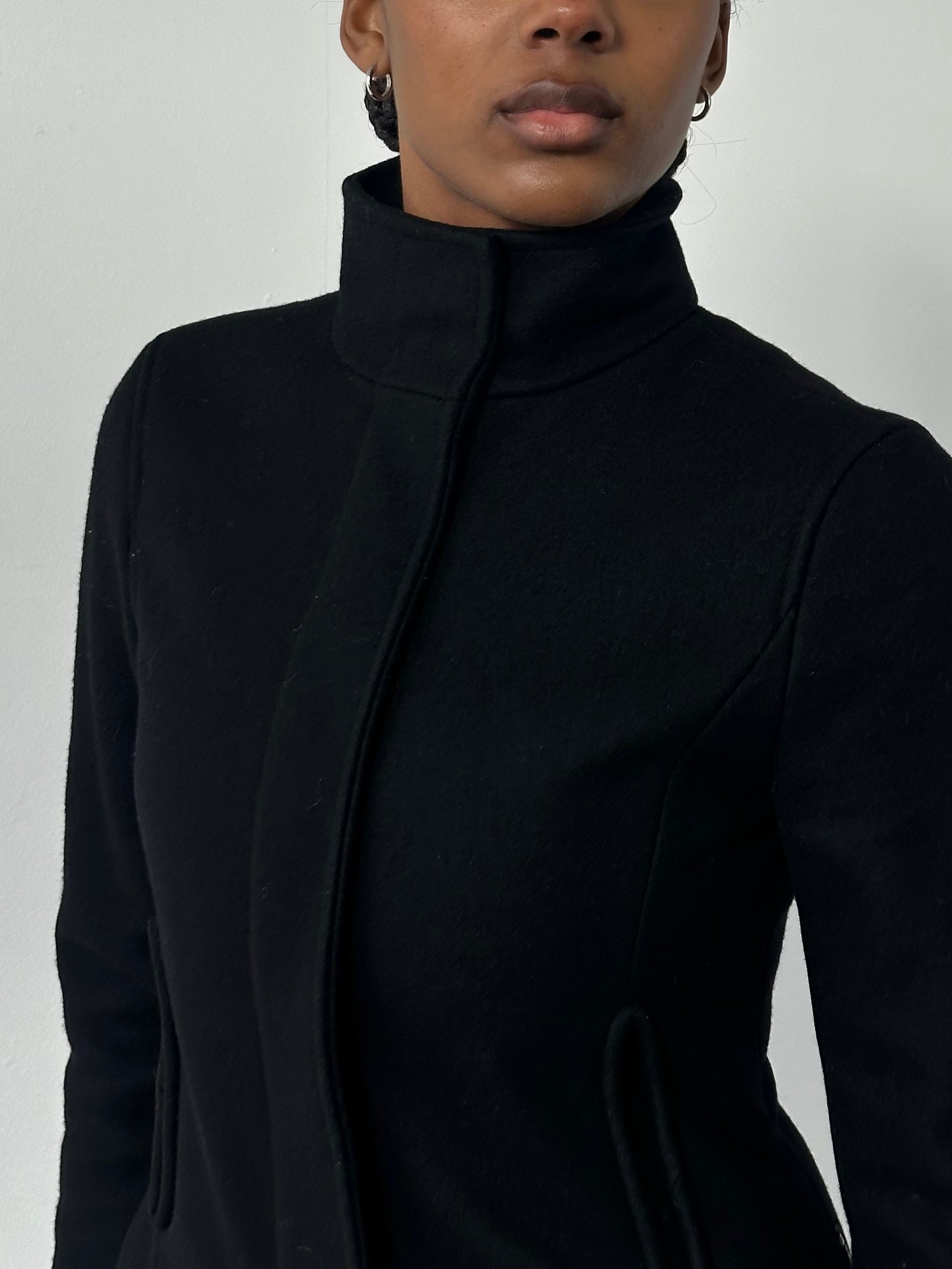 Armani Jeans 2000s wool high-neck minimal jacket in black, featuring a sleek design and tailored fit for stylish warmth.