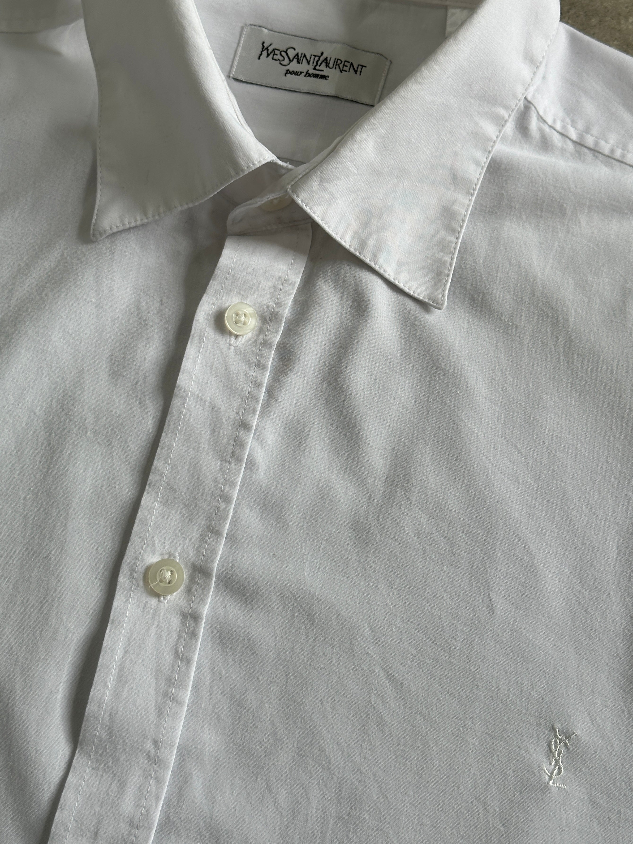 Yves Saint Laurent Pour Homme cotton logo shirt in XL, white with YSL branding on the chest, casual men's fashion shirt.
