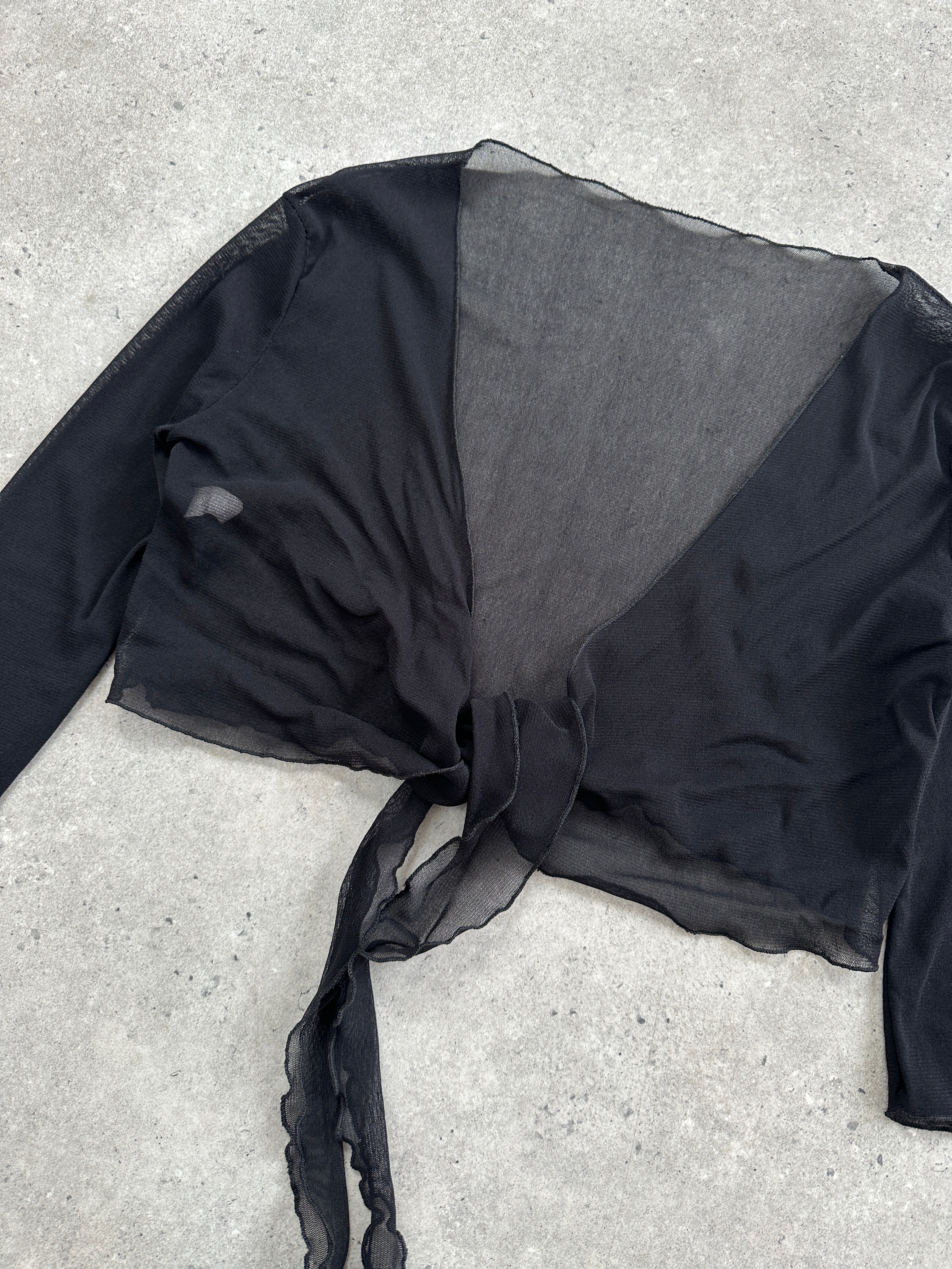 Italian vintage 2000s sheer tie cardigan in size S, lightweight knit with delicate tie closure and classic design.