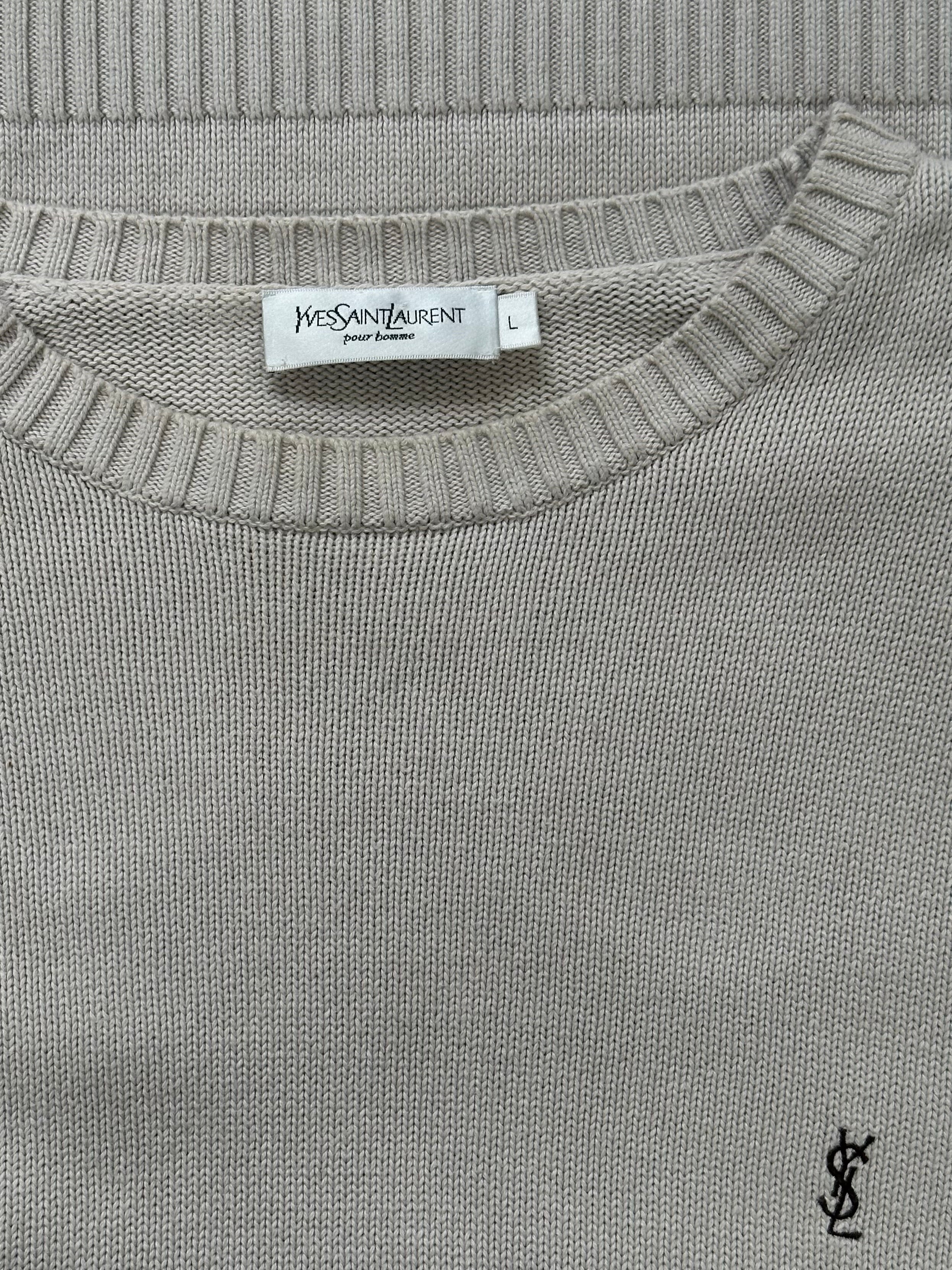 Yves Saint Laurent Pour Homme 1990s pure cotton knitted logo jumper in XL, showing the classic design and texture.